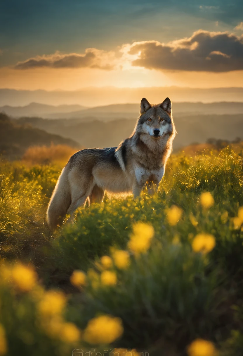 Create an image with a predominance of green and gold colors. Adicione pequenas mudas de plantas e flores douradas, simbolizando o crescimento e a prosperidade. Include the figure of a wolf to represent independence and courage in the search for new horizons. The sky above should have soft shades of blue, com nuvens sutis para criar uma atmosfera tranquila. Na base da imagem, Adicionar um pequeno marcador dourado para representar o marcador de progresso