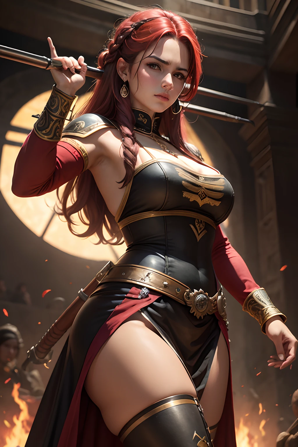 The woman, The woman, poca CLOTHES, CLOTHES, knee high boots, Bracelets on the legs, ((sea at the bottom)), renaissance, very detailed renaissance, Realistic long-term photography, 4k, ((by the wide, brown hair, By the chestnut)), Red lips, (((garagantilla, shocks))),bracelet, sexy,red lips, brown eyes,((big breasts, big breasts, breasts)), pantyhose, lucia auditore, (((Gold Mask)))