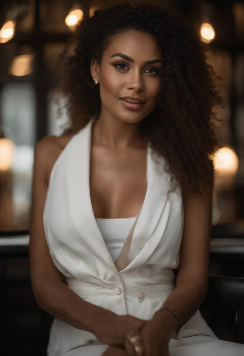 Photo brute, (effet large:1.2), afro-american:1.3, detailled eyes:1.1, DSLR, softlighting, (cheveux noirs:1.1), sitting in an office with a cup of coffee, Photo of Belle fille métisse, attractive, A mixte -peau de race, Photo dans le bureau assise , curly hair, High detail, mise au point nette, dramatique, Real photo of a beautiful 22-year-old Métis woman, Huge- breasts, charme, realistic skin, realistic face, sauvage, en forme, extase (beautiful detailed  eyes), (beste-Qualit), (super detailed), (face detailed), (pose dynamique), Canon EF 85mm f/1.2 L II USM, A woman sitting with her coffee in a restaurant, with a white jacket and red lips, Focus sur l'expression du visage, sitting in a Parisian café, photo-realistic, ultra-realistic, ((Realistic natural skin texture) ), sourire, jeune fille de belle et souriante 22 ans, LONGS CHEVEUX NOIRS, seductive face, Sparkling eyes, Well-dressed woman, (décolleté), Specificities (Textures ! , cheveux! , Briller, Couleur!! , beste-Qualit, Lumpy, ultra fou, natural lighting, pose dynamique, Hyperrealistic, realistic lighting, high contrast, Perspective dramatique, thin very curved eyebrows ,Regarder le spectateur, Lie huge smile, ((peau claire,):1.4), gros seins, objectif zoom 200 mm f/1.4 (photoreallistic:1.2) (beste-Qualit) (detailed skin:1.3) (Complex detail) (8k) (Hdr) (Film analogique) (Canon D5) (Lighting kinematics) ( mise au point nette), perspective dramatique, natural lighting, volumetric shading, pose dynamique, Hyperrealistic lighting, Realstic, portrait, femme attrayante, Afro-American girl, gros seins naturels, grosses hanches, gros cul, (grain du film :1.1) , (Dressed in a silver satin dress, Sans manches:1,3)), (Silver satin dress), (Very thick posts) Souriant, Porter un haut de marque (Very thick bust),Seins naturels gigantesques, tattoos and piercings, Grosse poitrine, jeune extremement belle, serious mixed-race complexion,