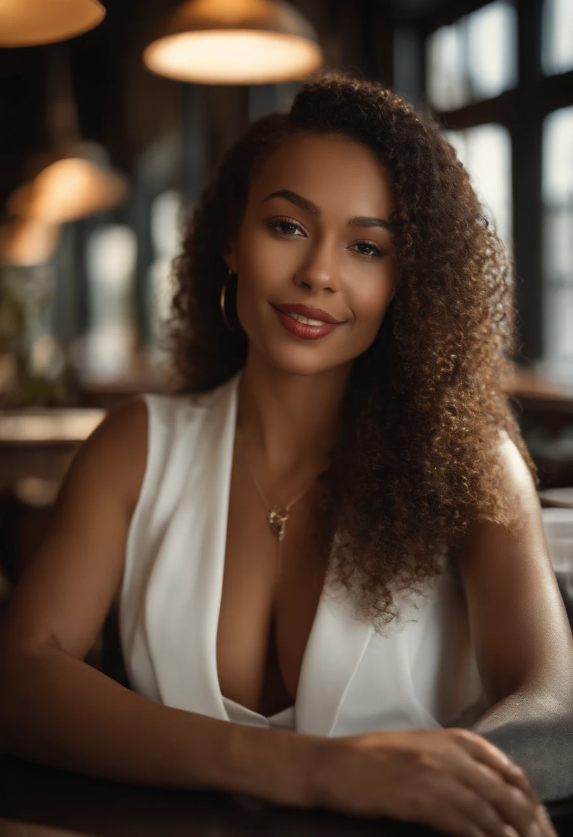 Photo brute, (effet large:1.2), afro-american:1.3, detailled eyes:1.1, DSLR, Lighting Douux, Details Covered, (cheveux nouirs:1.1), Jouaillerie, sitting in an office with a cup of coffee , Photo de Beautiful African-American Girl, attractif, A mixed-race skin, tatouages et piercings, Gros Buste, gros seins, Photo in the seated office The most beautiful work of art in the world, ((That's great)) , ((Tresses africaines)), curly hair, High detail, mise au point nette, dramatique, Real photo of a beautiful 24-year-old Métis woman, Métis woman , huge breasts, charme, realistic skin, realistic face, sauvage, autoritaire, provocateur, extase (beautiful detailed eyes), (Best quality), (super detailed), (Detailed face), (pose dynamique), Canon EF 85mm f/1.2L II USM, Une femme assise dans un restaurant,with a white jacket and red lips, Focus on facial expression, Mode de rue, sitting in a Parisian café, photo-realistic, ultra-realistic, ((Realistic natural skin texture)), sourire, femme puissante, Femme de 23 ans, longs cheveux noirs, seductive face, sparkle in the eye, executive, Well-dressed woman, robe de bureau, Woman holding a meeting, Best quality, bosseler, insane ultra hires, natural lighting, pose dynamique, Hyperrealistic, realistic lighting, high contrast, Perspective dramatique, thin very curved eyebrows ,Regarder le spectateur, Mensonge immense sourire, ((peau claire,):1.4), gros seins, 200mm zoom lens f/1.4 (photoreallistic:1.2) (Bokeh) (Best quality) (detailed skin:1.3) (Intricate details) (8k) (Hdr) (Film analogique) (Canon D5) (lighting cinematic) (mise au point nette), Perspective dramatique, natural lighting, volumetric shading, pose dynamique, Hyperrealistic lighting, Realstic, portrait, femme attrayante, African-American girl, gros seins naturels, grosses hanches, gros cul, (grain du film:1.1), (Dressed in sleeveless white jeans:1,3)), (décolleté),