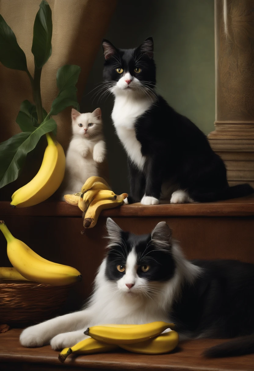 a cat with white hairs and a black dog eating banana