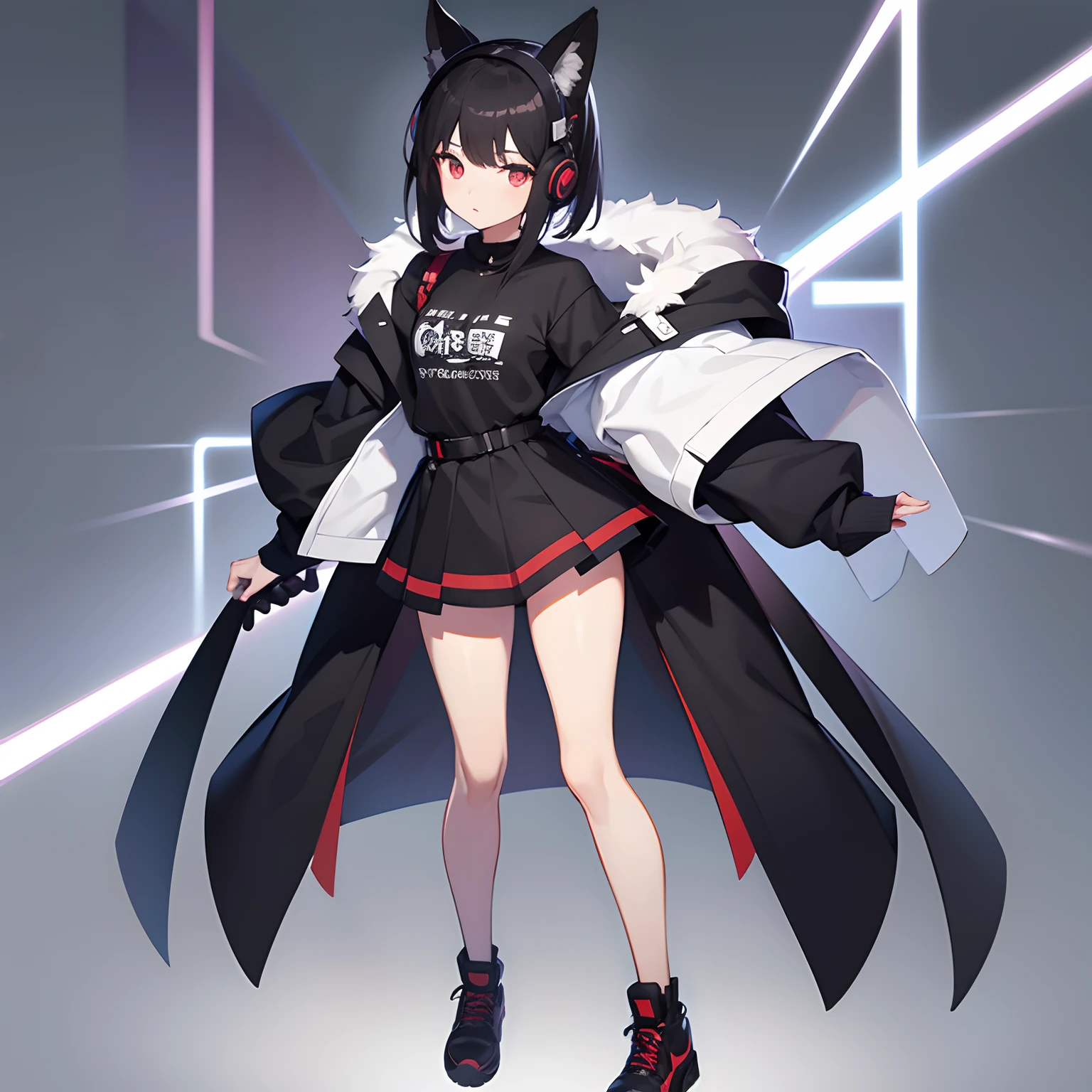 A dark-haired,girl with,full body Esbian,独奏,head phone,No background,Eyes sparkle, Full body,Street fashion,erect through