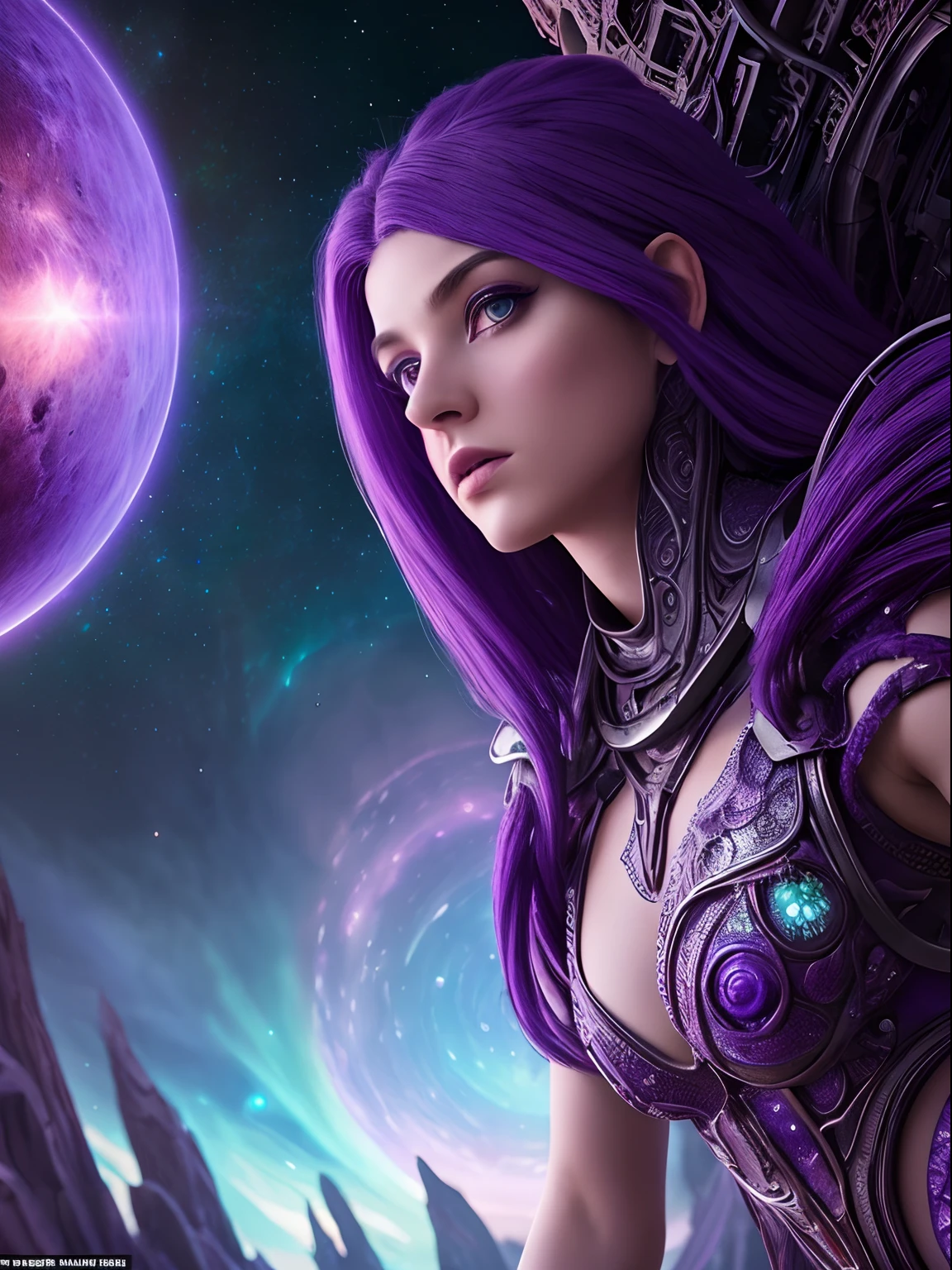 best quality, close-up, 8k, 30-year-old woman, long flowing purple hair, mesmerizing blue eyes, luscious red lips, wearing silky black dress, alluring evil woman, sexy woman with hourglass figure, looking at viewer, wanting a kiss, cosmic background with bioluminescent light, facing viewer, highly detailed face, extremely beautiful, floating particles, ancient runes, geometric patterns, V0id3nergy, mana, shadows, epic atmosphere