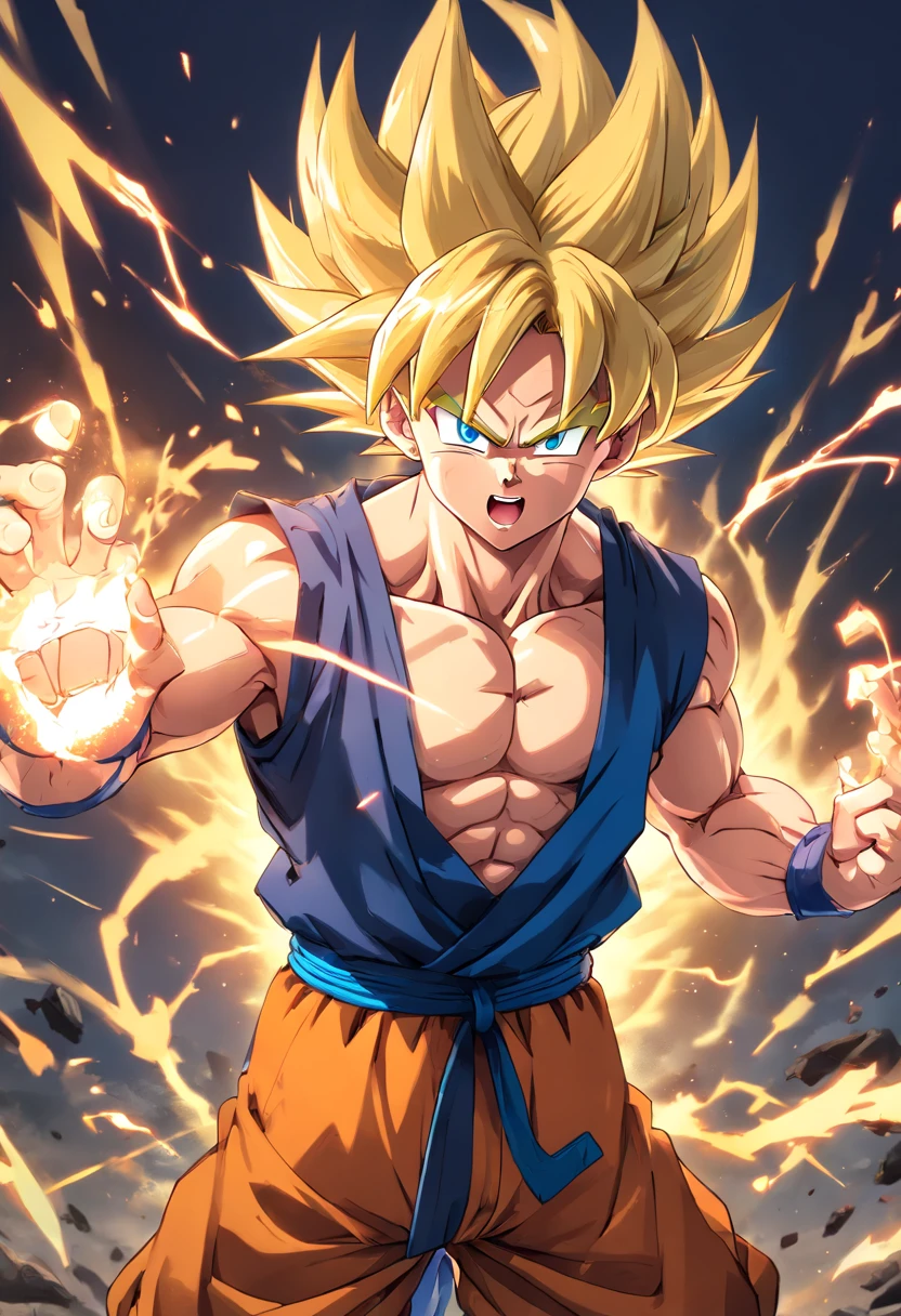 Dragon Ball Goku, portrait of a full body, A little realistic, Facial features are carefully described, Escurom style orifundidade de campos, rendered, top-quality, 8k sharp focus on the eye, Correct anatomy, With blond hair, with red eyes, I hate skewers, Looking at the ground with great anger, Battle Damage, blonde hair, blue obi, gritted teeth, furious, Emphasis on men, muscular, muscular male, breastsout, obi, Solo, spiky hair, Super Saiyan, Super Saiyan 1, tusk, Man topless, ripped clothing, Bracelet, Golden hair, blonde hair