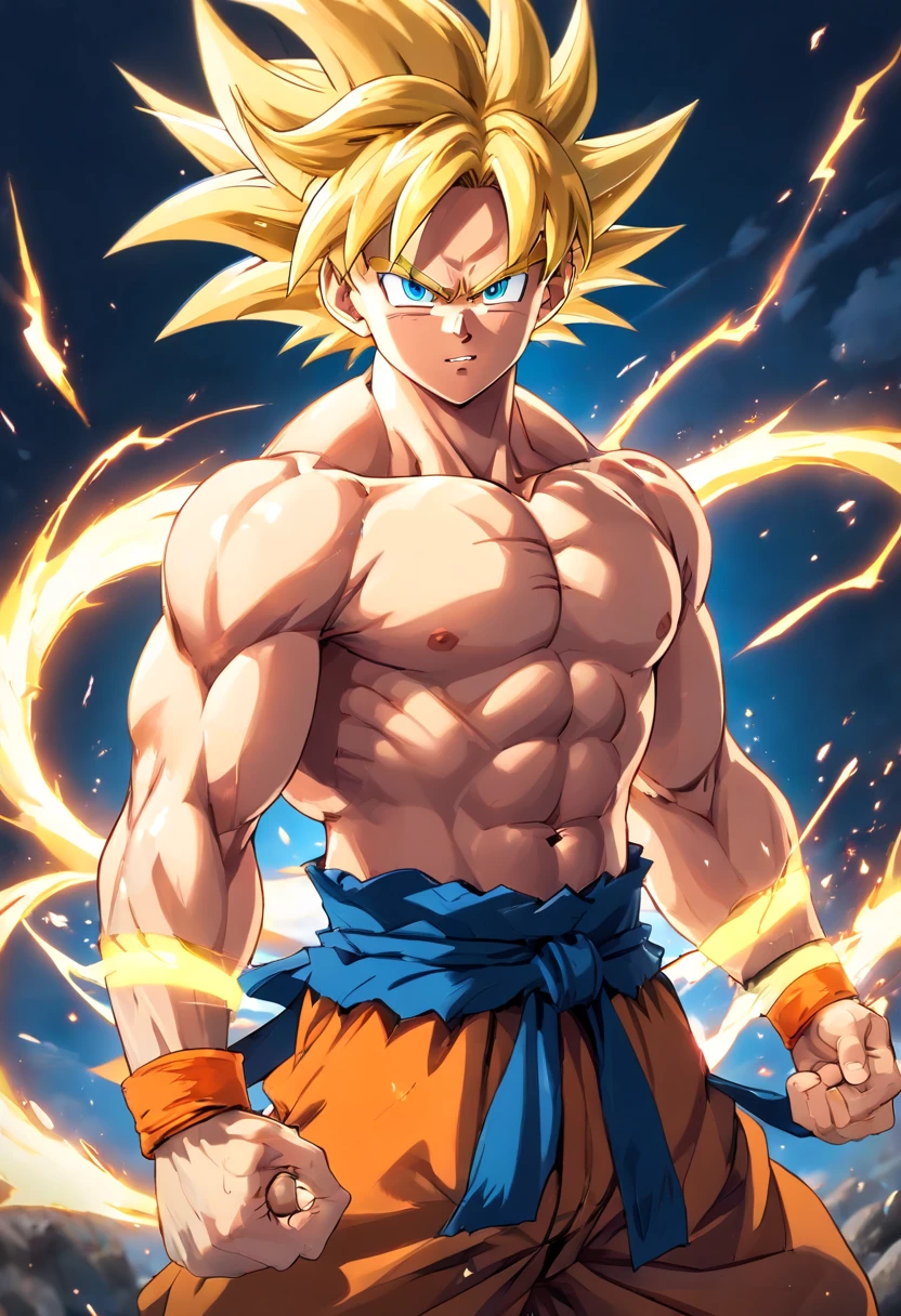 Dragon Ball Goku, portrait of a full body, A little realistic, Facial features are carefully described, Escurom style orifundidade de campos, rendered, top-quality, 8k sharp focus on the eye, Correct anatomy, With blond hair, with red eyes, I hate skewers, Looking at the ground with great anger, Battle Damage, blonde hair, blue obi, gritted teeth, furious, Emphasis on men, muscular, muscular male, breastsout, obi, Solo, spiky hair, Super Saiyan, Super Saiyan 1, tusk, Man topless, ripped clothing, Bracelet, Golden hair, blonde hair