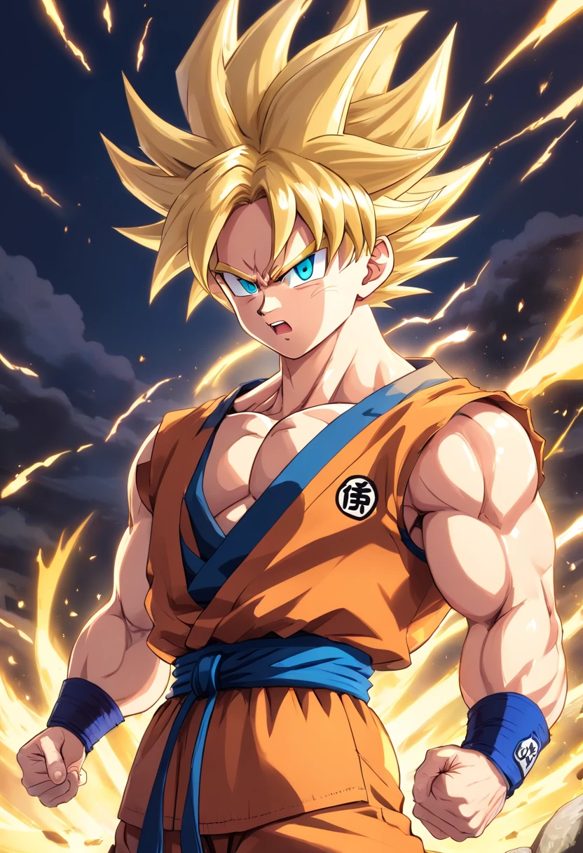 Dragon Ball Goku, portrait of a full body, A little realistic, Facial features are carefully described, Escurom style orifundidade de campos, rendered, top-quality, 8k sharp focus on the eye, Correct anatomy, With blond hair, with red eyes, I hate skewers, Looking at the ground with great anger, Battle Damage, blonde  hair, blue obi, gritted teeth, furious, Emphasis on men, muscular, muscular male, breastsout, obi, Solo, spiky hair, Super Saiyan, Super Saiyan 1, tusk, Man topless, ripped clothing, Bracelet, Golden hair, blonde  hair