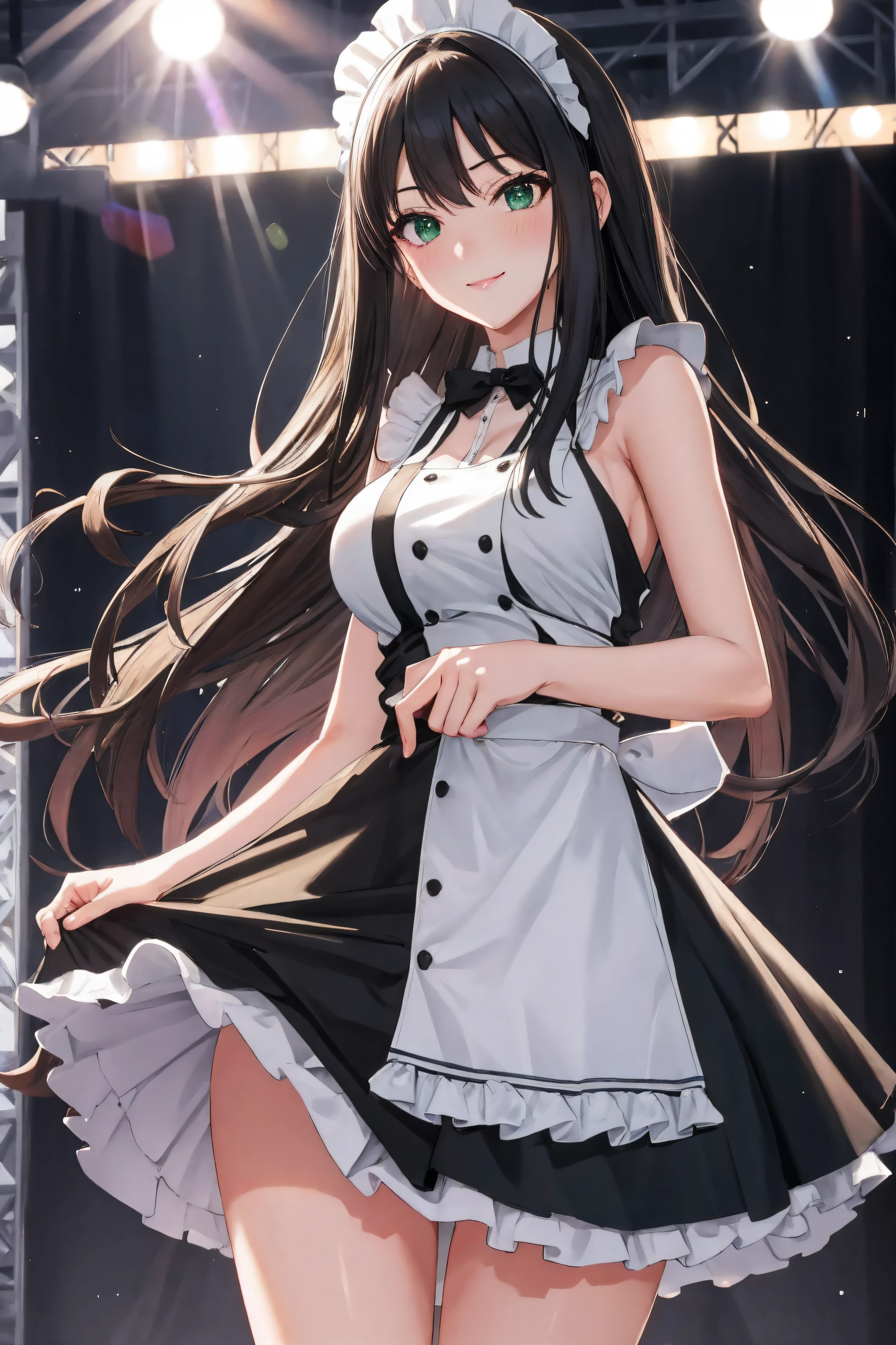 standing in front of a stage,
maid headdress, maid apron, maid Dress,maid, maid outfit,black_dress,
rin shibuya, black hair, (green eyes:1.5), long hair,
1 girl, 20yo,young female,Beautiful Finger,Beautiful long legs,Beautiful body,Beautiful Nose,Beautiful character design, perfect eyes, perfect face,
looking at viewer, seductive pose.teasing smile, 
NSFW,official art,extremely detailed CG unity 8k wallpaper, perfect lighting,Colorful, Bright_Front_face_Lighting,
(masterpiece:1.0),(best_quality:1.0), ultra high res,4K,ultra-detailed,
photography, 8K, HDR, highres, absurdres:1.2, Kodak portra 400, film grain, blurry background, bokeh:1.2, lens flare, (vibrant_color:1.2)
(Beautiful,large_Breasts:1.4), (beautiful_face:1.5),(narrow_waist),(perfect hands, perfect anatomy,perfect fingers),