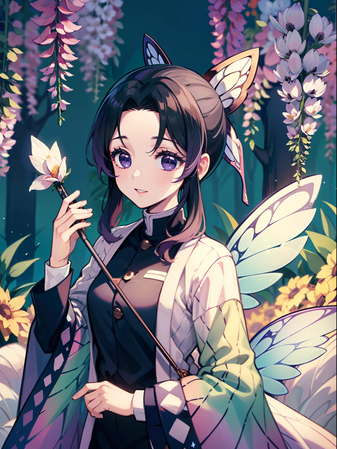 long dark purple hair, purple delaled sparkling eyes, Flower fairy, Transparent colorful wings, Magic wand，The background is forest，fresh flowers，green trees，Outstanding quality，illustration，8k，High definition,