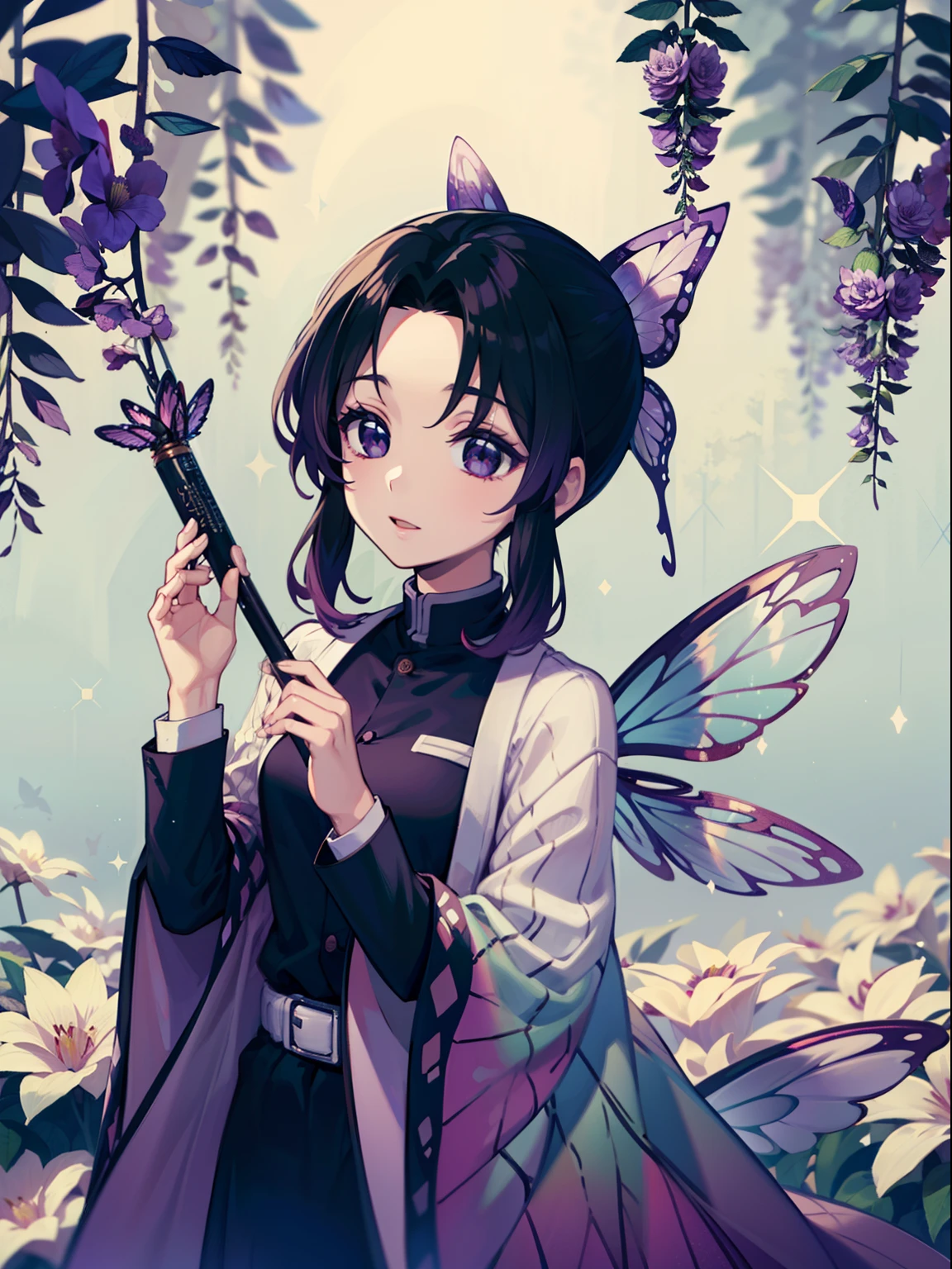 long dark purple hair, purple delaled sparkling eyes, Flower fairy, Transparent colorful wings, Magic wand，The background is forest，fresh flowers，green trees，Outstanding quality，illustration，8k，High definition,