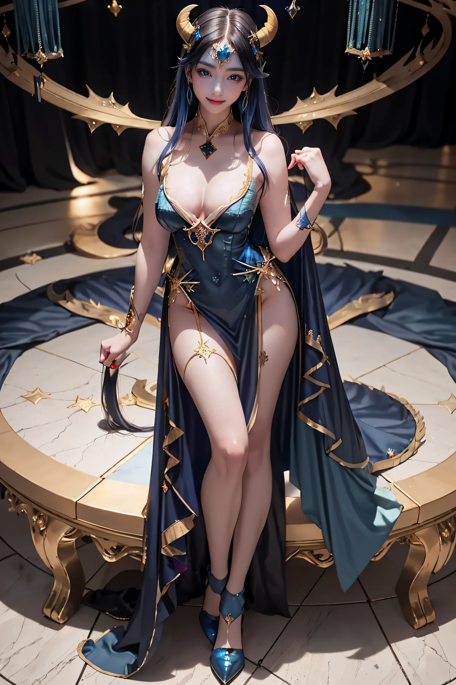 masterpiece, top-quality, top-quality, Beautifully Aesthetic:1.2, 1girl, Halloween night, ((Wearing a Blueviolet and Red with Gold classy devil costume)), high detailed, ((Blue eyes:1.8)), Standing with Sexy gravure pose, large breasts, firm breast, nicely shaped breasts, slender figure,
((Gold hair)), wavy hair, (long hair:1.2), (side-swept bangs:1.2),
in the Halloween party venue at late night, (Full body shot:1.2),