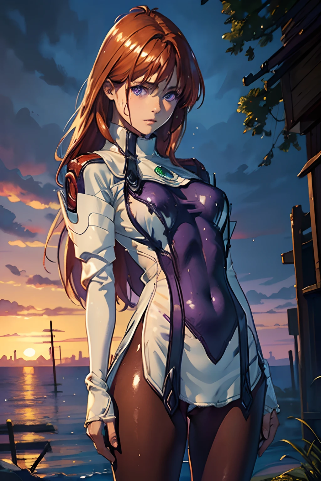 (masterpiece:1.2, best quality), (finely detailed beautiful eyes: 1.2), ((1girl)), (purple eyes:1.4), (finely detailed eyes and detailed face:1.3), ((girl with long red hair)), (beautiful and clear background:1.2), (extremely detailed CG, ultra-detailed, best shadow:1.1), ((depth of field)), ((watercolor)), beautiful concept illustration, (orange background:0.5), (illustration:1.1), (extremely fine and beautiful:1.1), (perfect details:1.1), from front, cowboy shot, scenery (perfect body) (dark tan pantyhose) (torn clothing) (pitiful) (tears in eyes) 7 (Torn clothes:1.5), (Wet clothes:1.4) desperate, (cameltoe) (ripped clothing!)