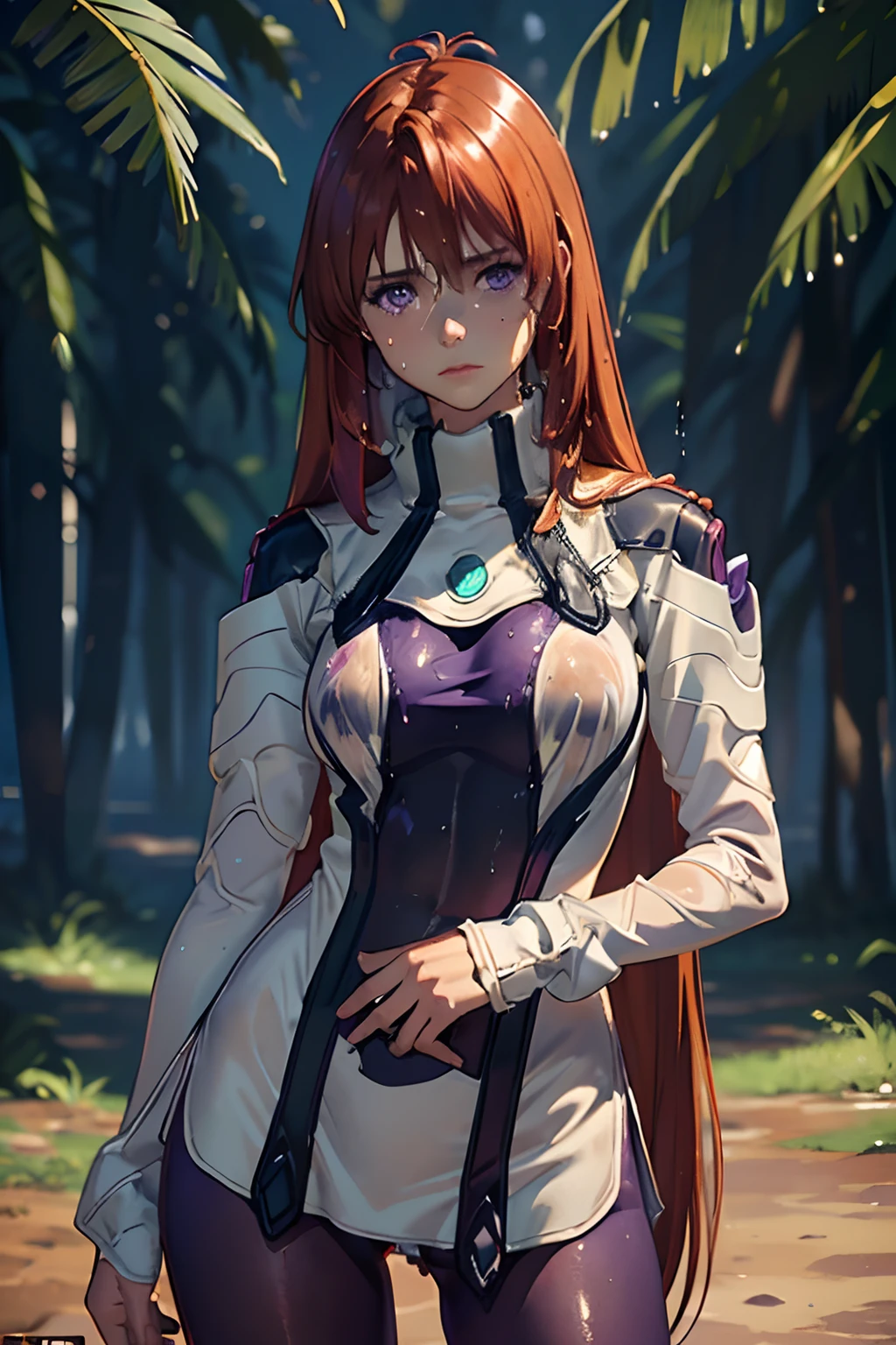 (masterpiece:1.2, best quality), (finely detailed beautiful eyes: 1.2), ((1girl)), (purple eyes:1.4), (finely detailed eyes and detailed face:1.3), ((girl with long red hair)), (beautiful and clear background:1.2), (extremely detailed CG, ultra-detailed, best shadow:1.1), ((depth of field)), ((watercolor)), beautiful concept illustration, (orange background:0.5), (illustration:1.1), (extremely fine and beautiful:1.1), (perfect details:1.1), from front, cowboy shot, scenery (perfect body) (dark tan pantyhose) (torn clothing) (pitiful) (tears in eyes) 7 (Torn clothes:1.5), (Wet clothes:1.4) desperate, (cameltoe) (ripped clothing!)