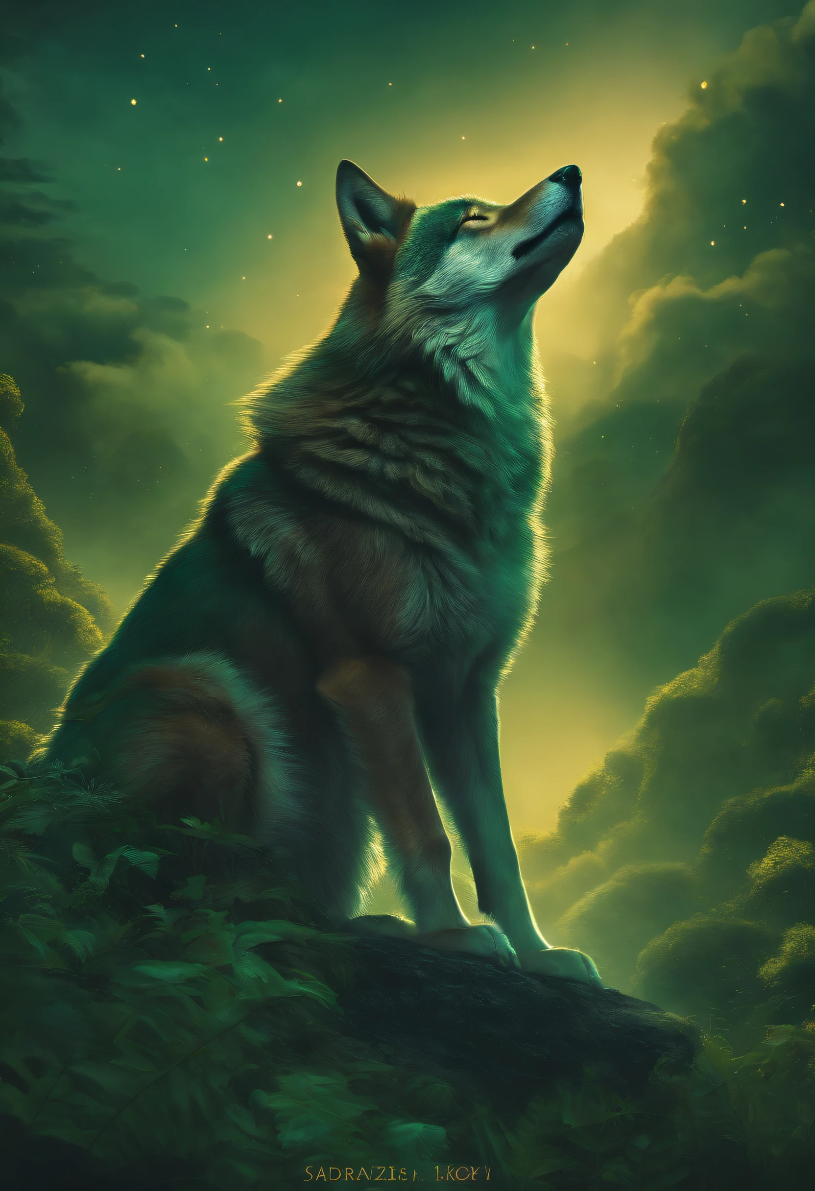 Create an image with a predominance of green and gold colors. Adicione pequenas mudas de plantas e flores douradas, simbolizando o crescimento e a prosperidade. Include the figure of a wolf to represent independence and courage in the search for new horizons. The sky above should have soft shades of blue, com nuvens sutis para criar uma atmosfera tranquila. Na base da imagem, Adicionar um pequeno marcador dourado para representar o marcador de progresso
