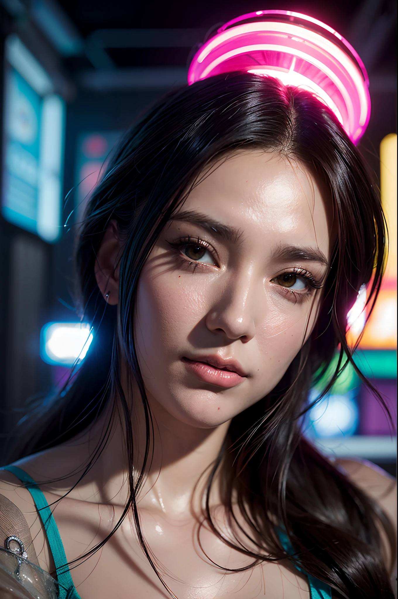 best quality, ultra high res, (photorealistic:1.4), 1 girl, looking at viewer, lustrous skin, glowing eyes, oval face, messy_hair, blunt bangs, ombre, blush, makeup, untied, unkempt, Pursed_lips, lips, ulzzang-6500-v2.2
