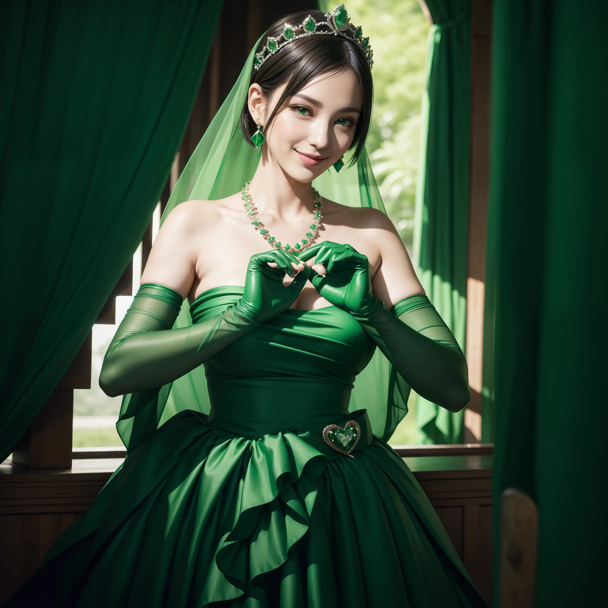 emerald tiara, Green Pearl Necklace, Boyish very short green hair, lipsticks, Japan woman smiling, very short short hair, big breasts beautiful, Green eyes, Long green gloves made of satin material, Green eyes, Emerald Earrings, green vale, Heart with both hands