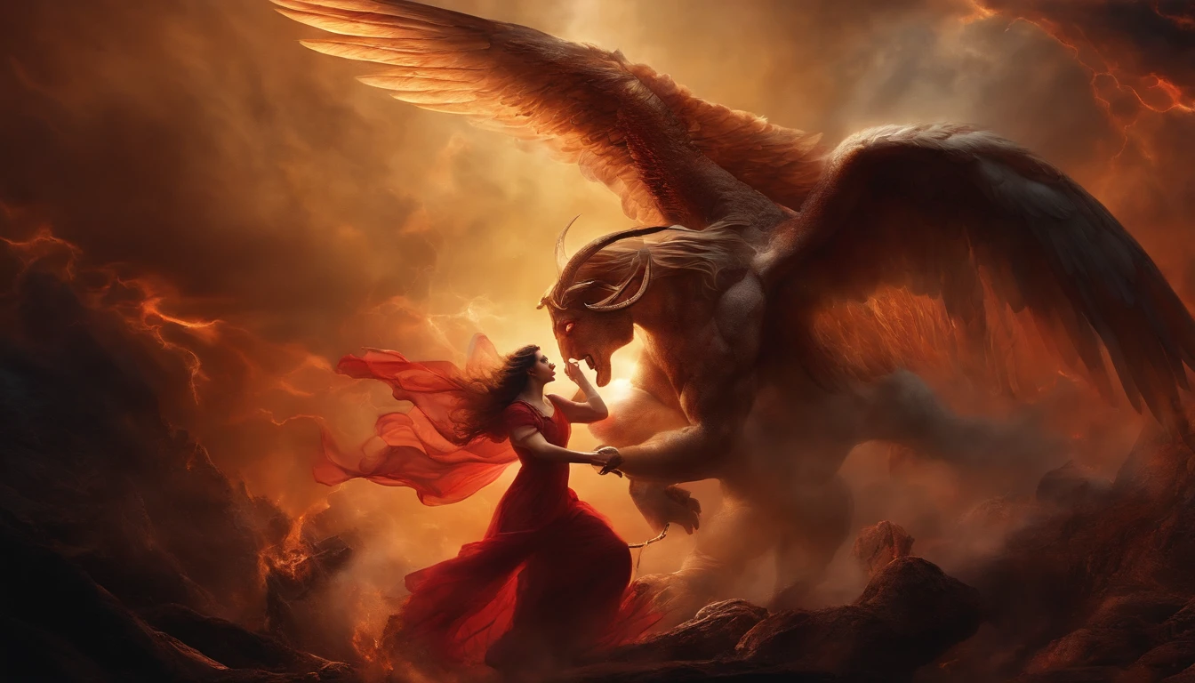 A beautiful angel fighting a demon