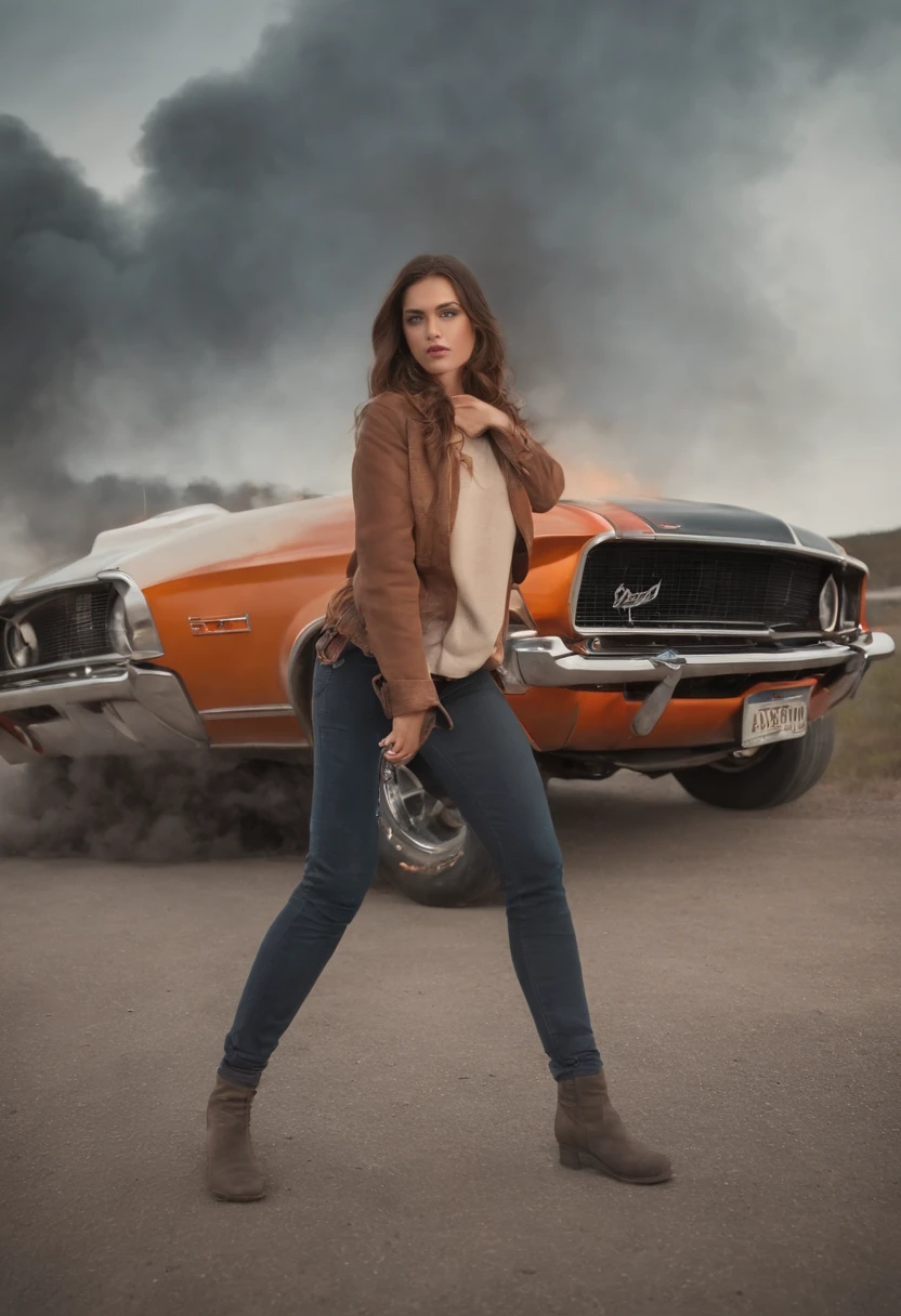 Beside the desolate highway, under the moonlit sky, a distressed scene unfolds. A young woman stands near her classic American muscle car, a Ford, its once powerful engine now billowing smoke from the raised bonnet. In this high-quality depiction (best quality: 1.1) executed with a commitment to realism (realistic: 1.37), the details come to life. The sleek curves of the Ford, an emblem of American muscle, stand out against the muted tones of the highway. The smoke, rendered with fine brush strokes, rises realistically, signaling mechanical trouble. The scene captures the essence of a car breakdown, with the girl's furrowed brows and worried expression reflecting the frustration of unexpected adversity. Despite the halted journey, the image highlights the enduring allure of the American muscle car, promising a triumphant return to the open road.