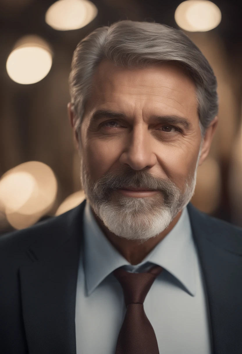 realistic image of middle-aged business professional, 90 ponds of weight, professionally dressed in a suit and tie, high-quality, highest resolution, standing position, hands down, professional, beautiful detailed slightly brownish eyes , beautiful detailed lips, short beard, graying short hair, kind expression, warm smile, distinguished look, proper lighting, plain background, clean image with no blurry effect, ultra-detailed texture,masterpiece:1.2