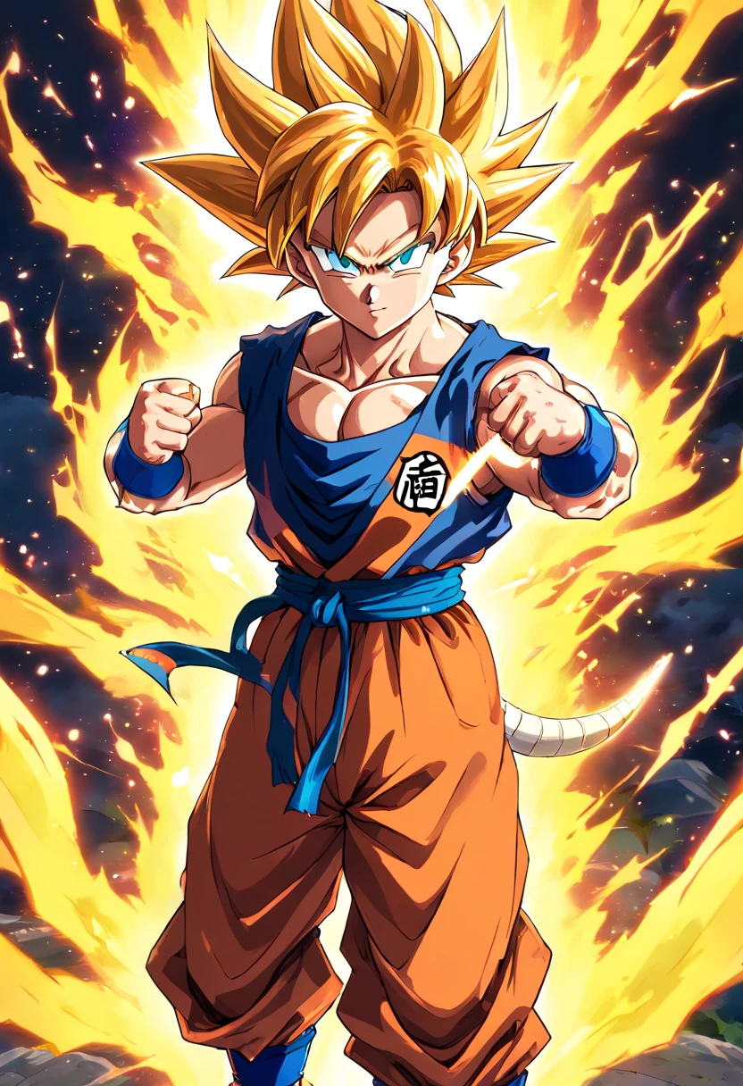 {((Full body photo, flat feet, straight body, Dragon Ball anime style))}, {((songoku, 1male))}, {((wearing the ultra super saiyan+Super Saiyan instinct wearing Son Goku's costumes+extremely tight on his body))}. {In a futurist}. {clothes and body extremely sweaty}; {(looking at the viewer, smiling, fists clenched, concentrating magical aura on her hands, in a frontal attack pose)}. Dragon Ball anime, high detail, anime, 16k, UHD, retina, retina, accurate, anatomically correct, textured skin, super detail, high quality, award-winning