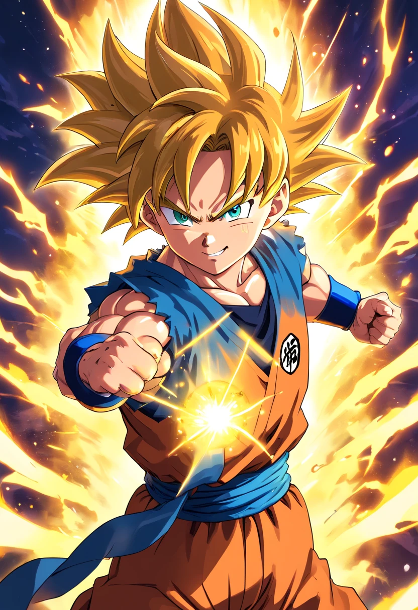{((Full body photo, flat feet, straight body, Dragon Ball anime style))}, {((songoku, 1male))}, {((wearing the ultra super saiyan+Super Saiyan instinct wearing Son Goku's costumes+extremely tight on his body))}. {In a futurist}. {clothes and body extremely sweaty}; {(looking at the viewer, smiling, fists clenched, concentrating magical aura on her hands, in a frontal attack pose)}. Dragon Ball anime, high detail, anime, 16k, UHD, retina, retina, accurate, anatomically correct, textured skin, super detail, high quality, award-winning