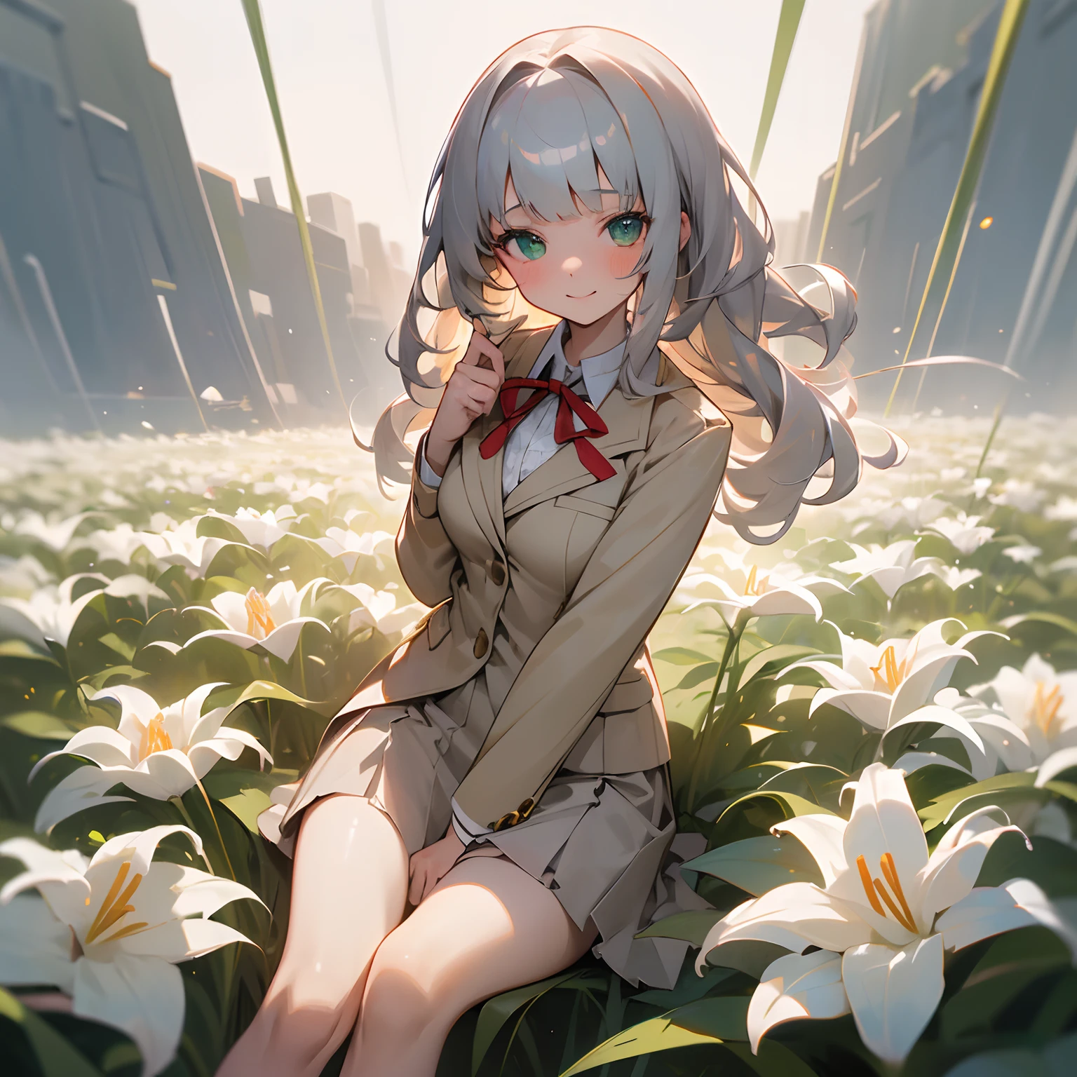 ((Masterpiece)), (Professional Photography:1.2), (High Definition:1.3), best quality, 8K, Textured skin, cinematic lighting, (1girl), short stature, ((cute teenage young girl)), (very blunt bangs, slightly loose curls hair, breasts length hair, high details of pale silver hair), (very smile, blush), brilliant green eyes, drooping eyes, slender waist, (pale Ivory color blazer student's uniform, white blouse, red string ribbon, brown skirt), sit on Field of many Lilies
