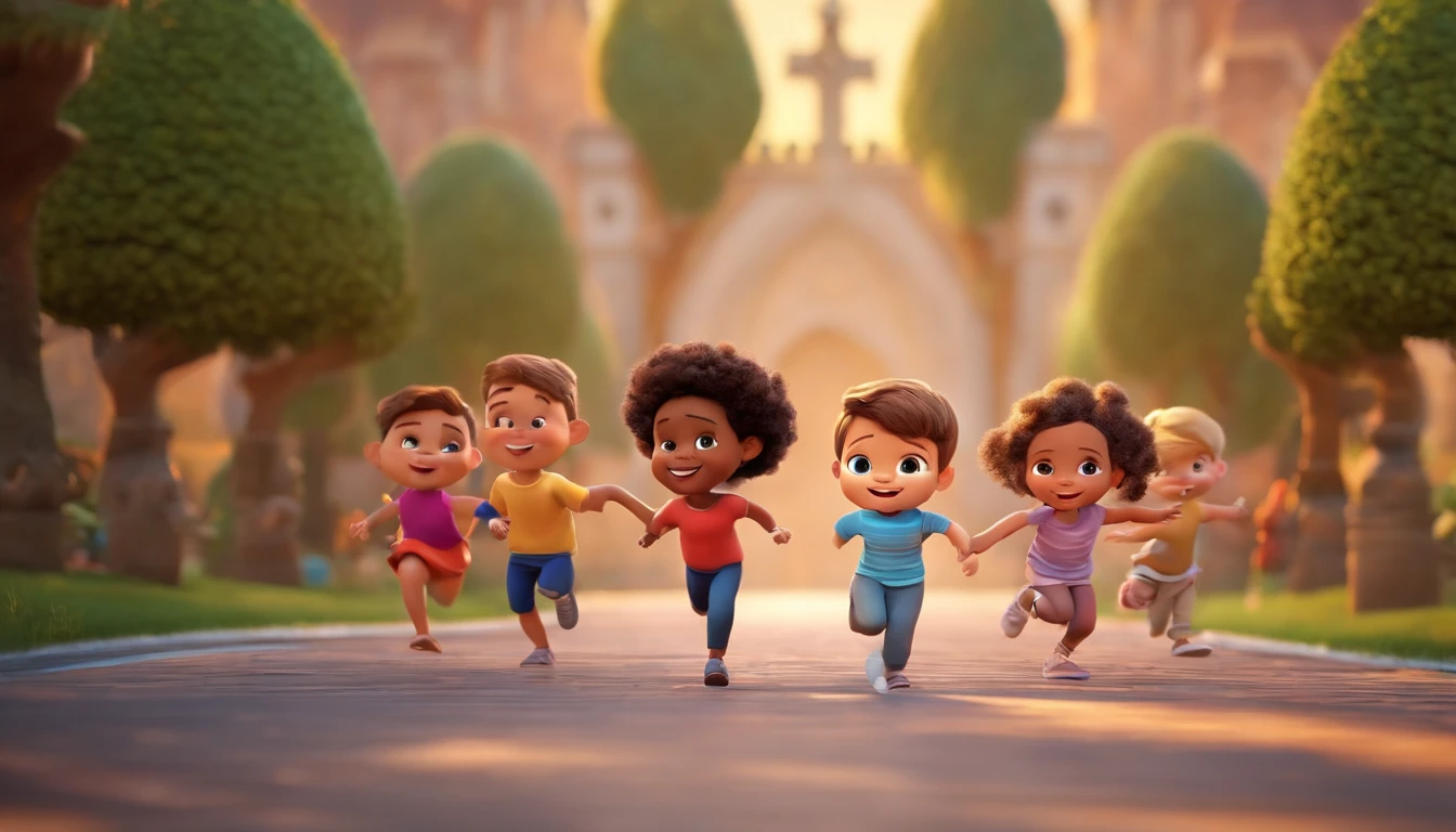 Kids running around happily, brincando, Chibi, Arte 3D, Estilo Pixar, 10  of the same age, 5 mnas, 5 meninos, fun, Brincando na Igreja, Divertir-se, colorido, melhor qualidade, 4k, cara bonito