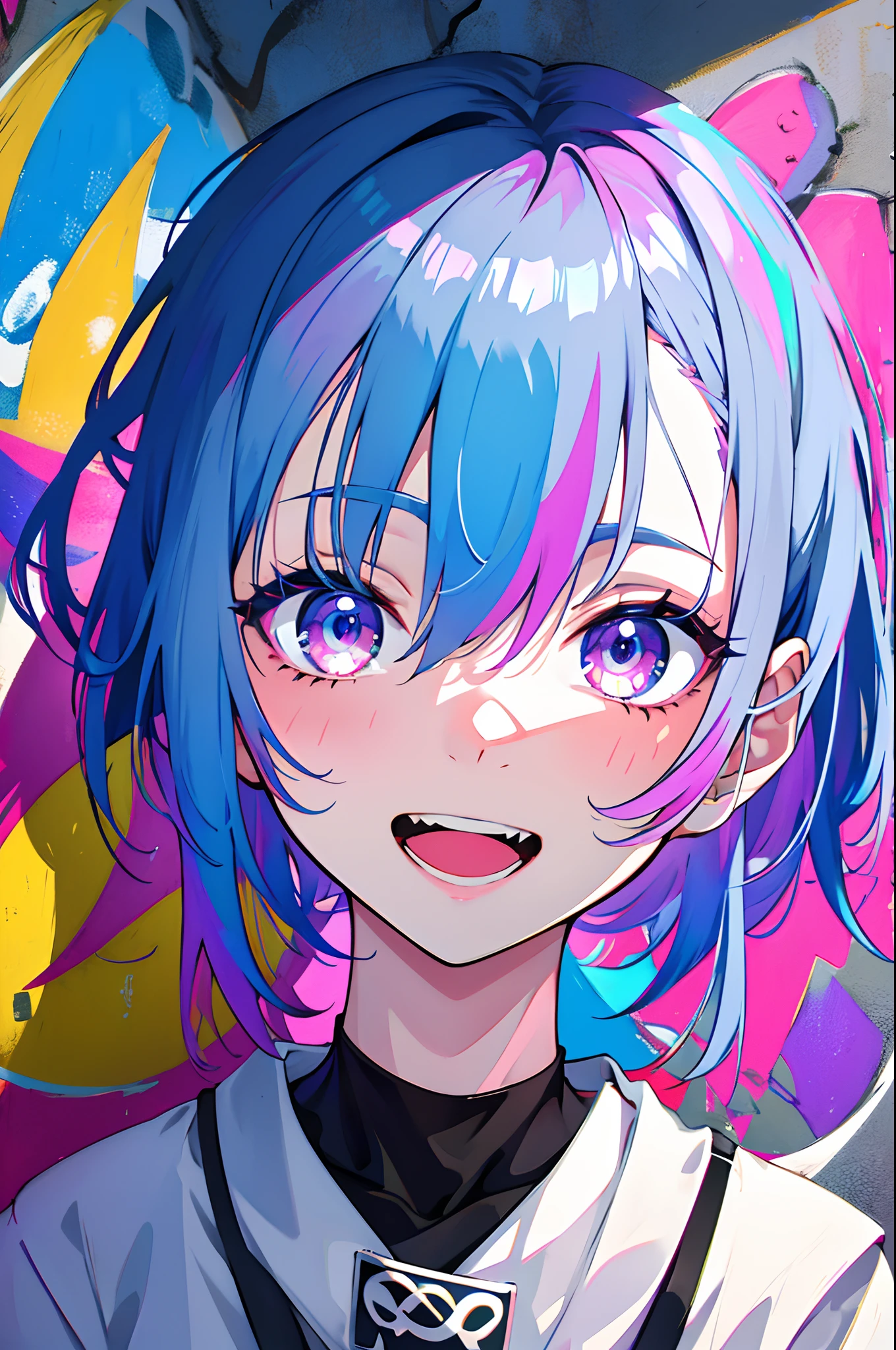 masterpiece, high quality, highres, absurdres, ultra-detailed, 8k, 1girl, platinum grey hair, blue hair, multicolored hair, gradient hair, looking at viewer, colorful eyes, colorful hoodie, (graffiti murals wall background:1.15), brilliant colorful paintings, bloom, portrait, open mouth, waist bag, against wall, bangs, shadow, reflection, Graffiti face, colourful eyes, open mouth, yandere expression, smile, look at viewer