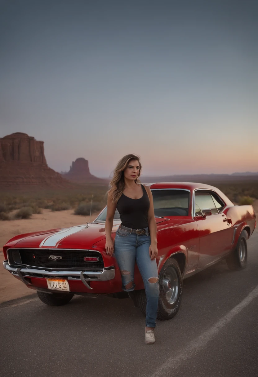 Beside a moonlit highway, a distressed young woman stands by her classic Ford muscle car, smoke billowing from its raised bonnet. This realistic depiction (realistic: 1.37) captures the iconic American muscle against the backdrop of unexpected adversity. The fine brush strokes detail the mechanical trouble, but the enduring allure of the muscle car hints at a triumphant return to the open road.