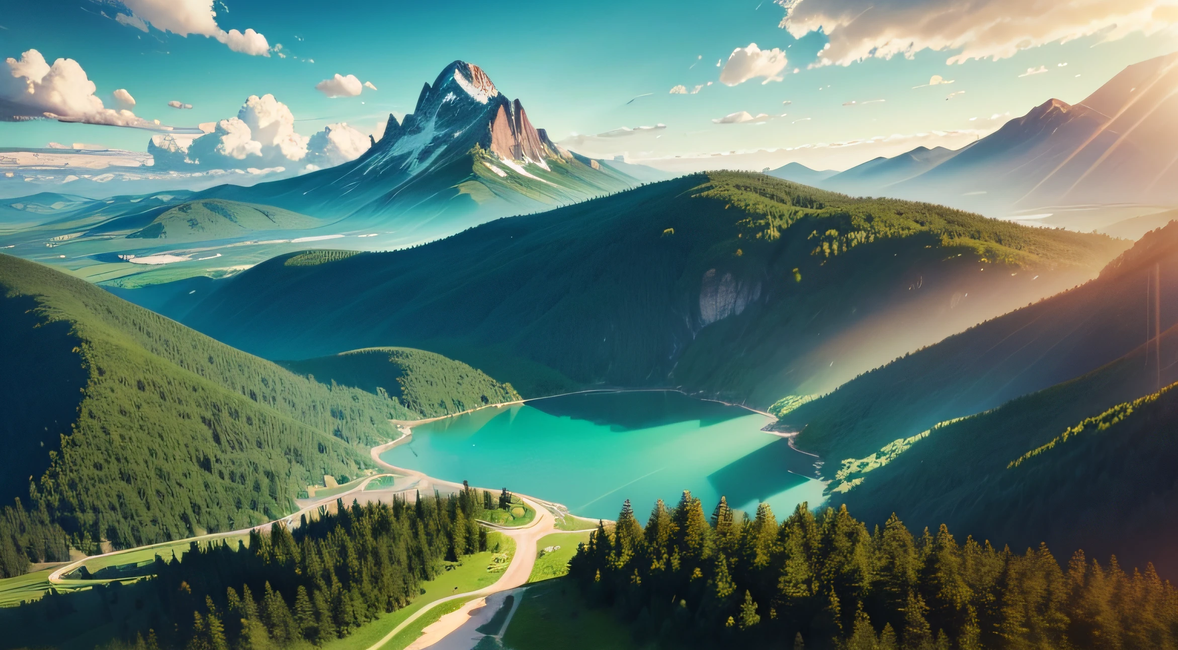 drone view of a amazing sky over the forest, realistic view, Pixar Style Movie, mountains on horizon, rays of sun, lake on ground, amazing lightgreen forest, sun on horizon, amazing day, clouds, birds flying