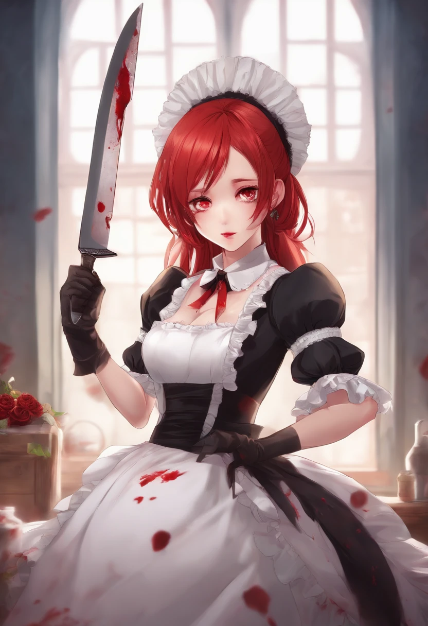 Anime character, Killer girl with red hair and bloody knife, in a maid's costume.