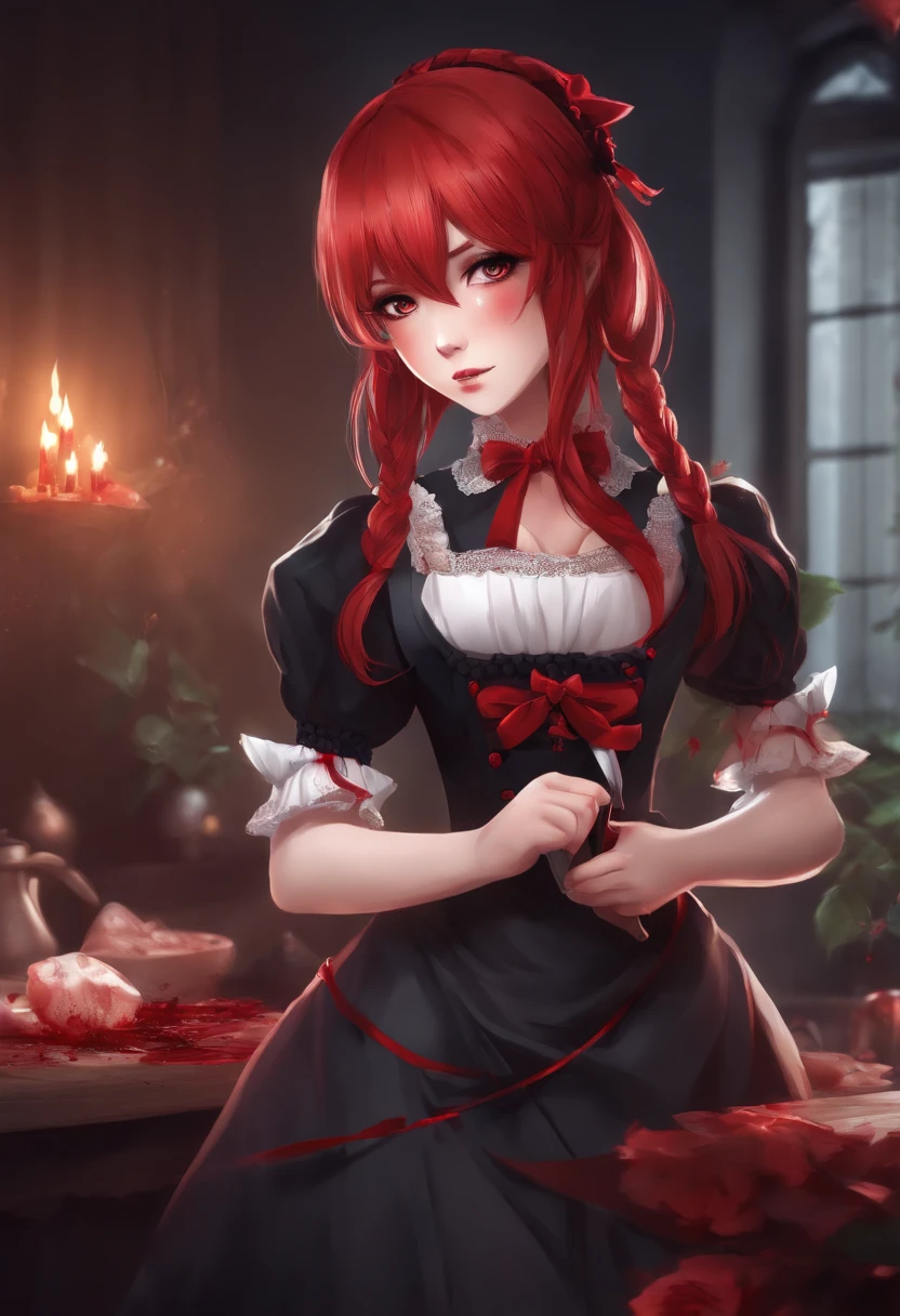 Anime character, Killer girl with red hair and bloody knife, in a maid's costume.