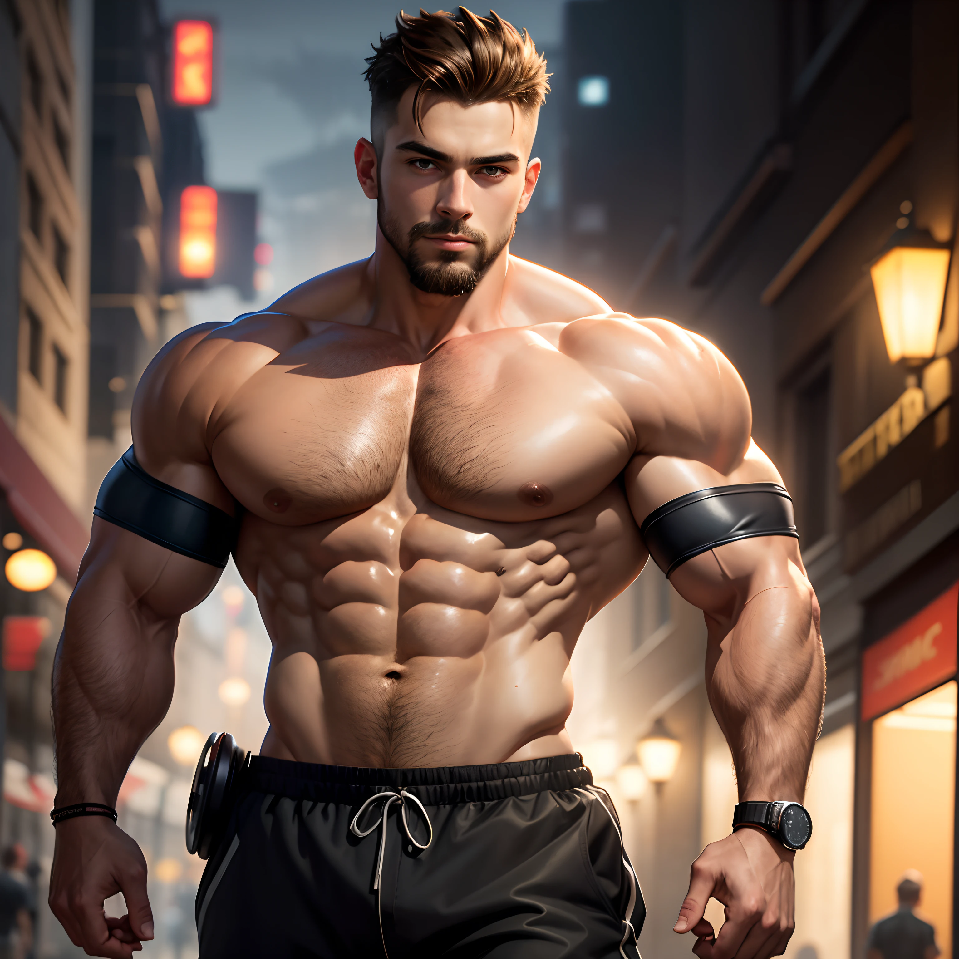 best quality, masterpiece, super high resolution, detailed background, realism, Illustrations, single, 1 boy, street, muscle, volumetric lighting, depth of field, facial hair, fitness trainer