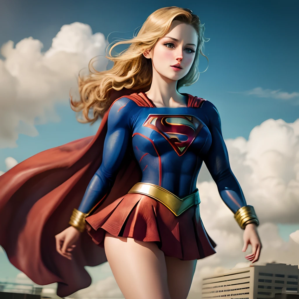 (masterpiece, best quality, photorealistic, cinematic, ultra-detailed, 8k), ((wide shot, full body)), 1 sexy girl in a fighting stance on the rooftop, both fists in front, perfect anatomy, expressive eyes, perfect hands, (long round legs), (large breasts), both fists in front, Produce a high-quality artwork with a focus on capturing Melissa Benoist as Supergirl in stunning and alluring detail. Render the artwork with precision, striving for a photorealistic portrayal. Highlight Supergirl's iconic costume: a vibrant blue bodysuit with a bold "S" emblem on her chest, a flowing red cape, and golden accents. Ensure that the suit showcases her strength and grace. Emphasize Melissa Benoist's warm and confident expression, reflecting Supergirl's unwavering dedication to justice and compassion. Incorporate a dynamic and heroic pose that illustrates Supergirl's power and readiness for action. Set the scene against a cityscape or a clear sky, with hints of her ability to fly and protect the world