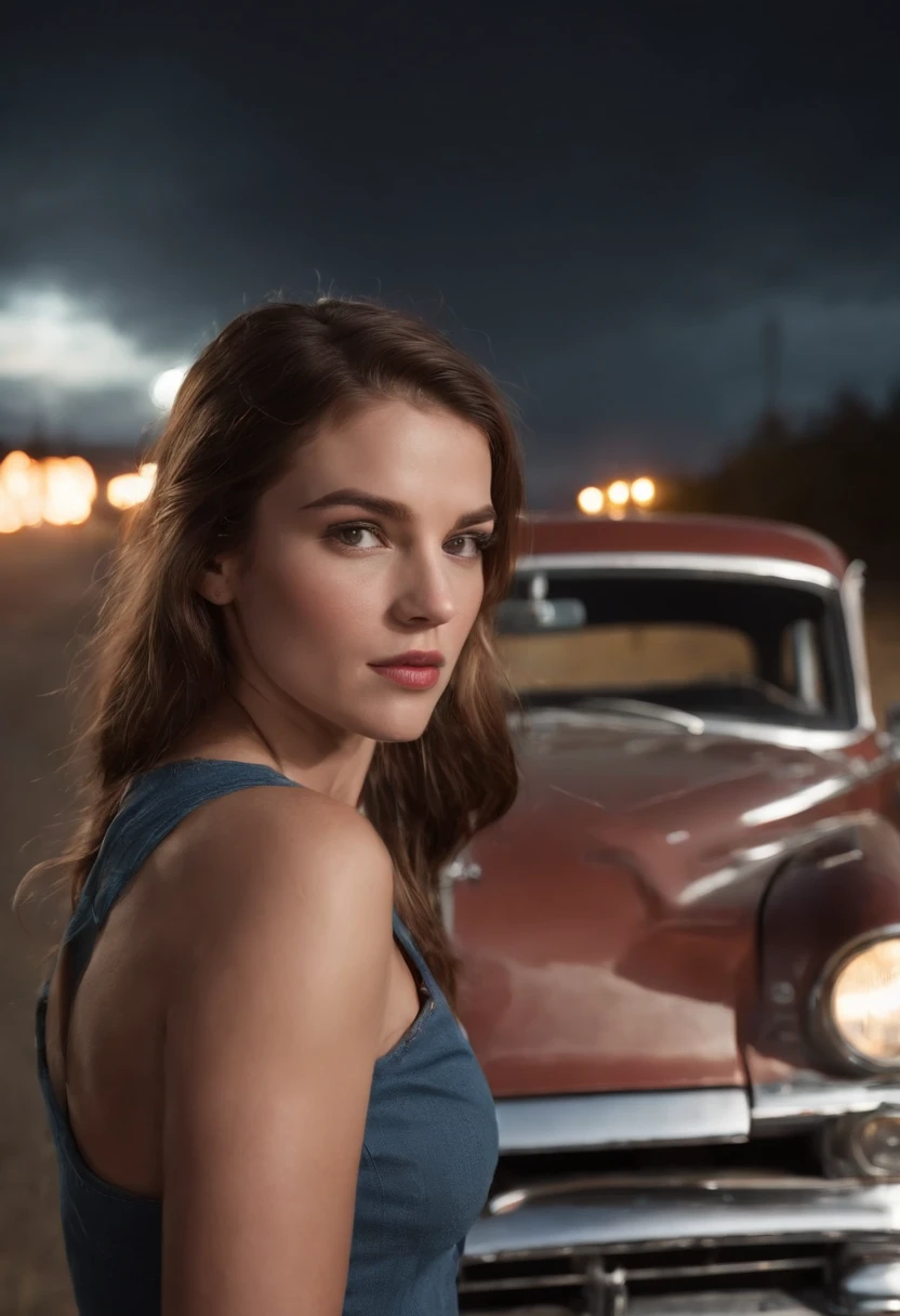Beside a moonlit highway, a distressed young woman stands by her classic Ford car, smoke billowing from its raised bonnet. This realistic depiction (realistic: 1.37) captures the iconic American muscle against the backdrop of unexpected adversity.