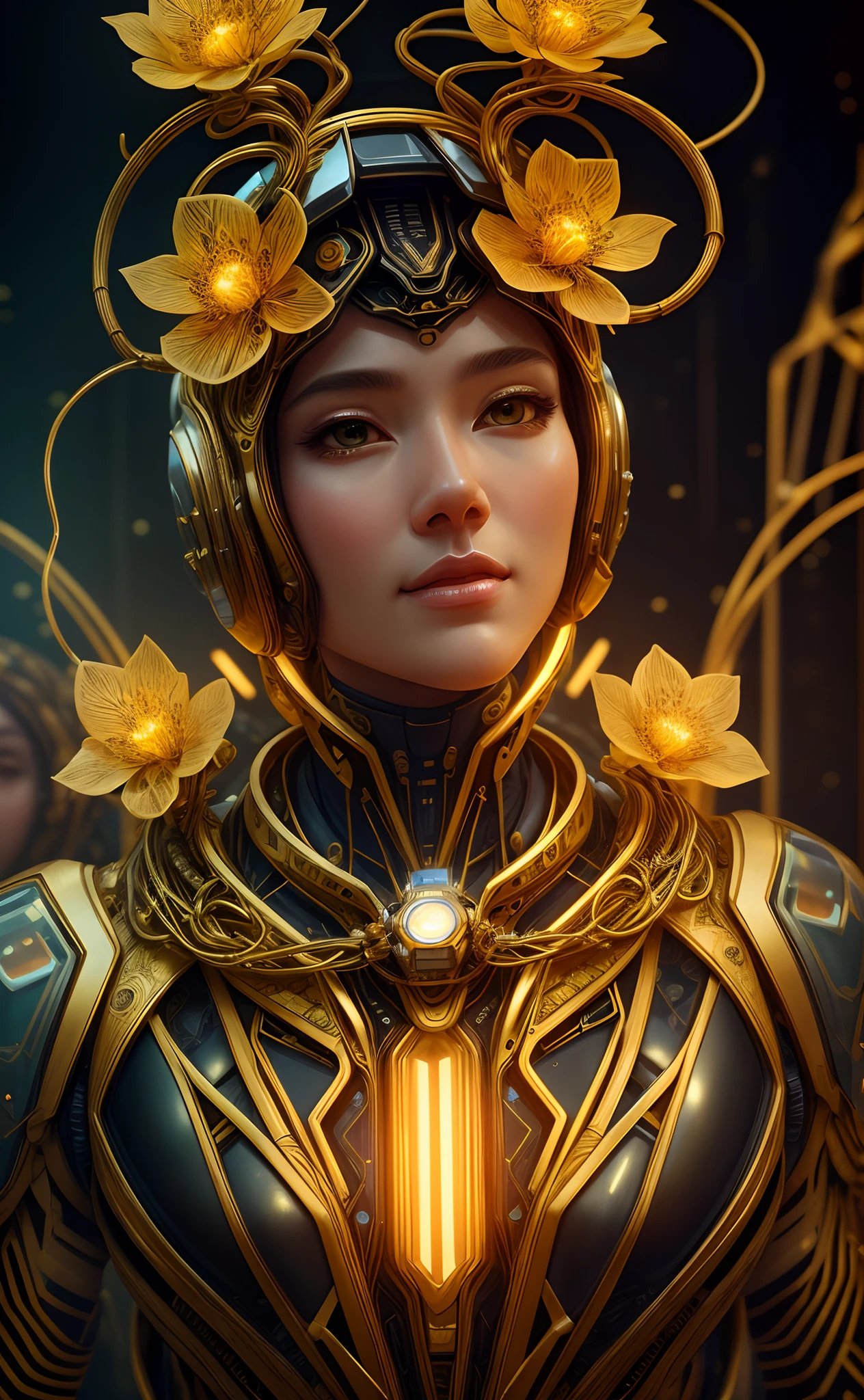 photo, portrait, honeydew cybernetic astronaut, intricate wiring and artifacts, gilded vines, translucent honeydew flowers, gorgeous, detailed portrait, symmetrical, highly detailed, digital painting, artstation, concept art, smooth, sharp focus, illustration, cinematic lighting, 8k, professional photography