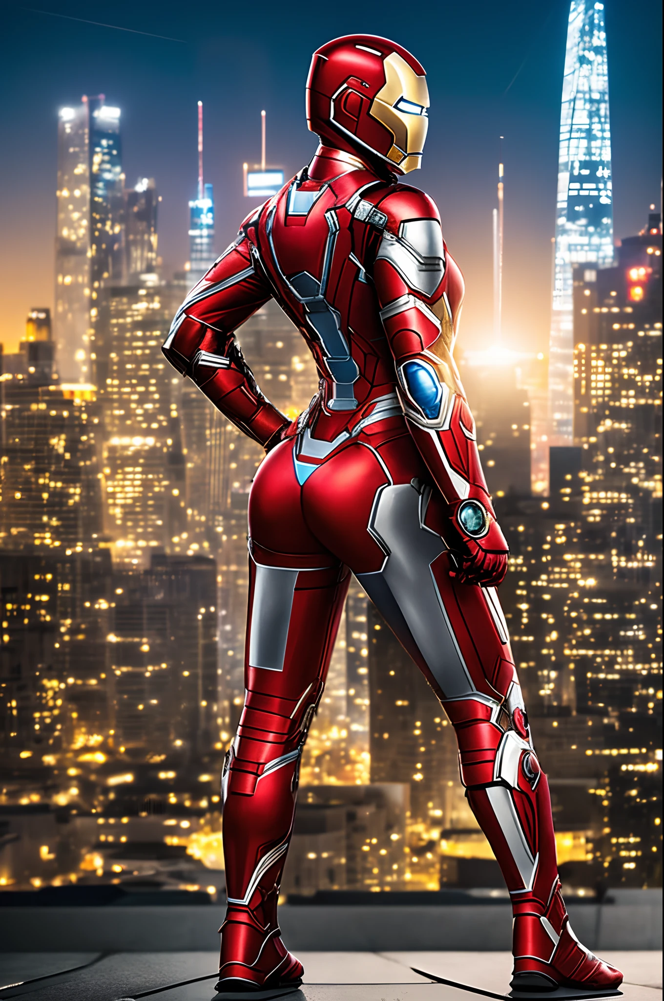 woman in shining ironman suit and helmet, short hair, many small details, sharp details, dynamic pose, backside view, on a rooftop, night city at the background, highly detailed, deep focused image, ultrarealistic photo