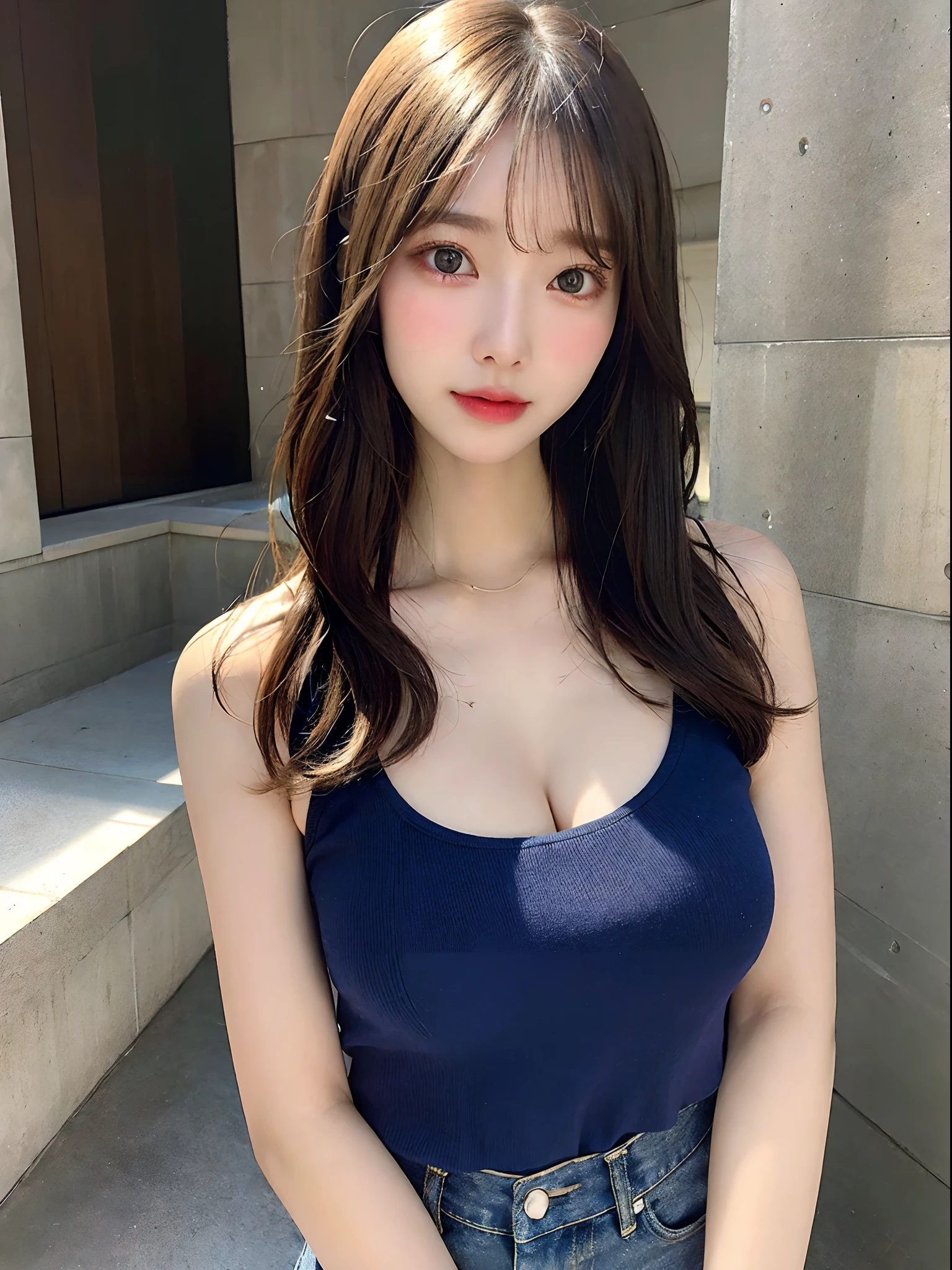 (lifelike, high - resolution:1.3), 1 girl with a perfect body, Super fine face and eyes,slong hair, Tank top of random colors:1.2, short jeans, big boob,Expose cleavage