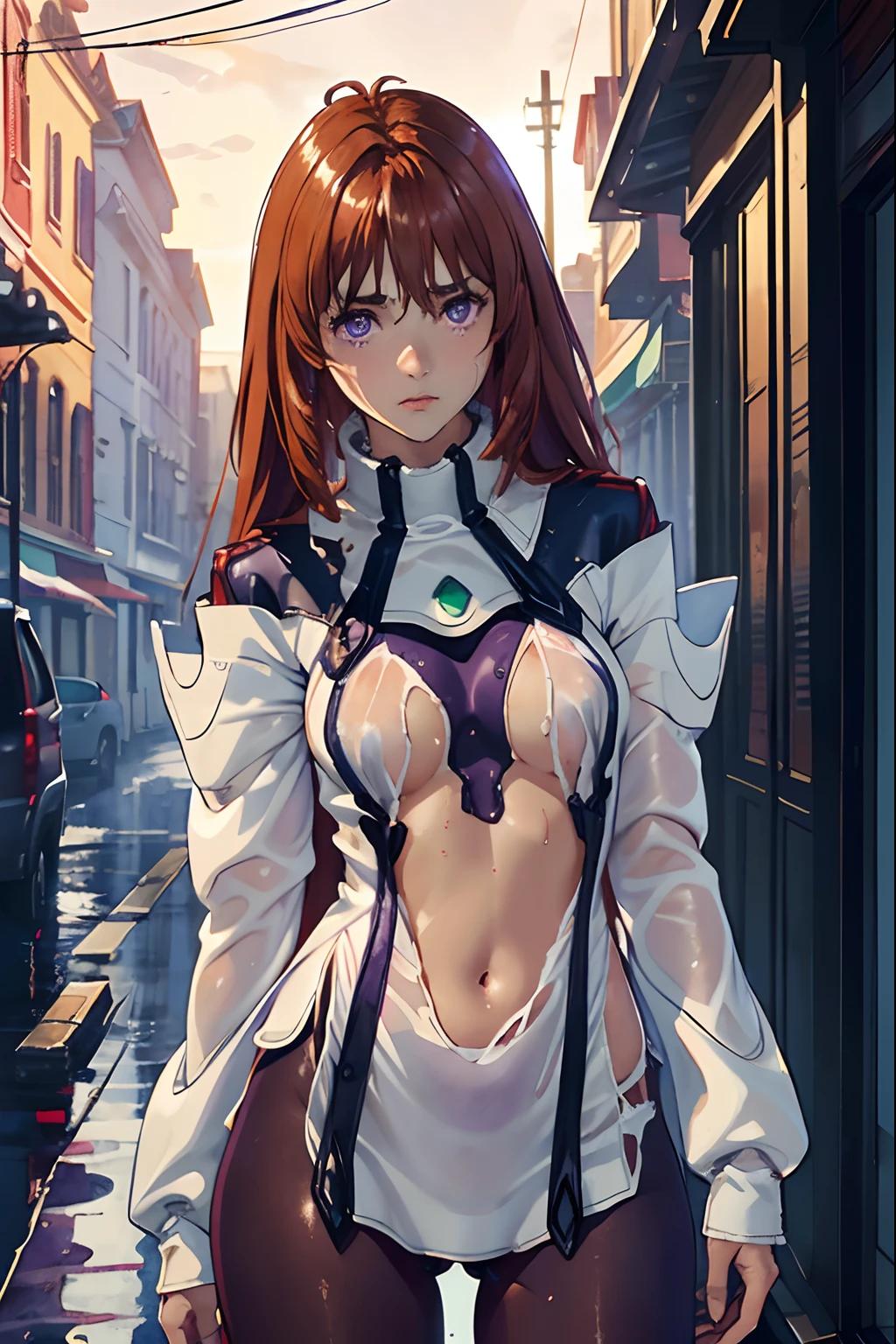 (masterpiece:1.2, best quality), (finely detailed beautiful eyes: 1.2), ((1girl)), (purple eyes:1.4), (finely detailed eyes and detailed face:1.3), ((girl with long red hair)), (beautiful and clear background:1.2), (extremely detailed CG, ultra-detailed, best shadow:1.1), ((depth of field)), ((watercolor)), beautiful concept illustration, (orange background:0.5), (illustration:1.1), (extremely fine and beautiful:1.1), (perfect details:1.1), from front, cowboy shot, scenery (perfect body) (dark tan pantyhose) (torn clothing) (pitiful) (tears in eyes) 7 (Torn clothes:1.5), (Wet clothes:1.4) desperate, (cameltoe) (ripped clothing!)