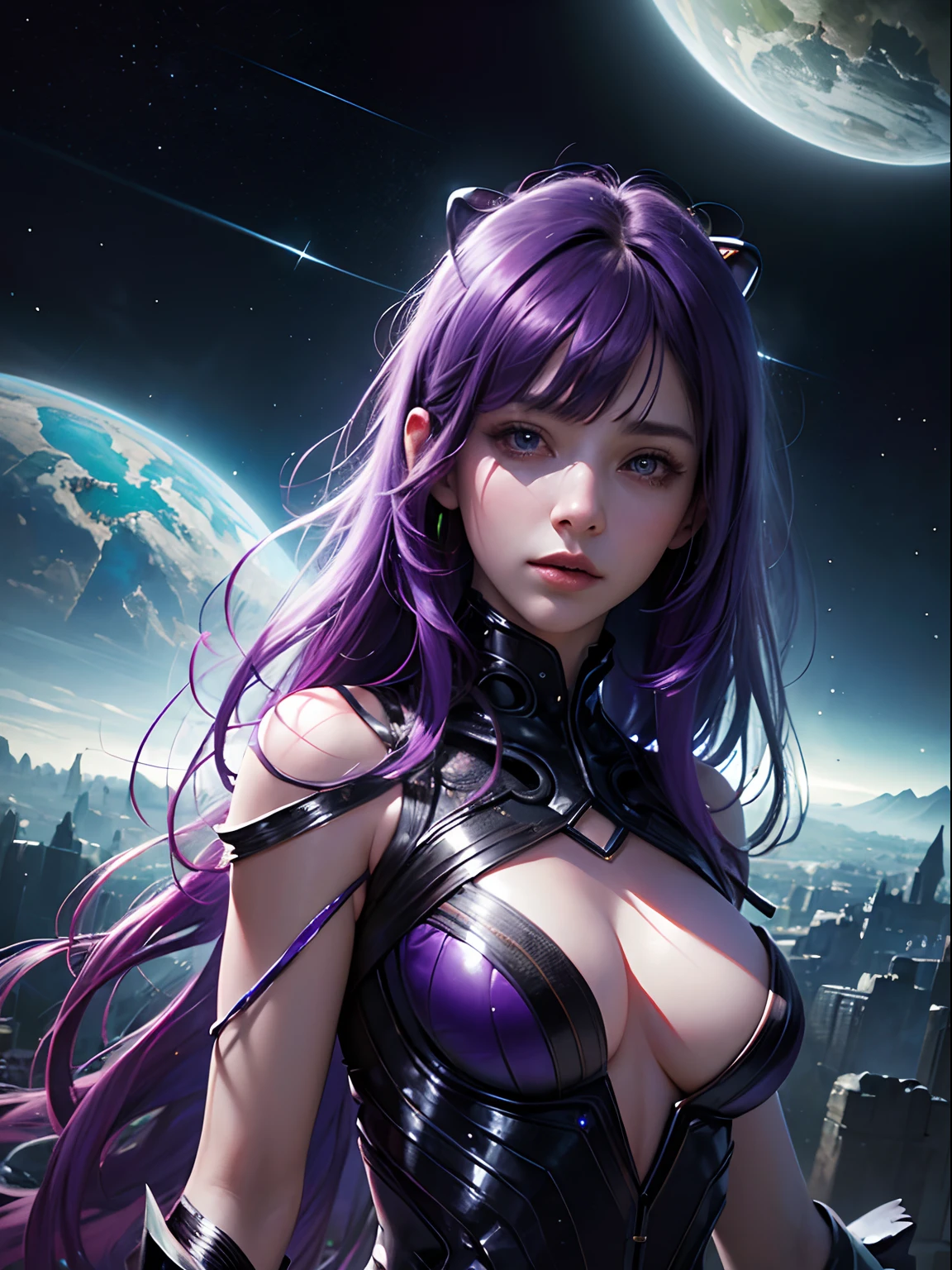 Masterpiece, RAW photo, hyper photorealistic, Beautiful Alien Woman With Lots Of Purple Hair, On a distant fantasy planet, Cosmic landscape, Cute sexy, Highly detailed, scifi aesthetic, Fantasy Aura, Unearthly vegetation, by rutkowski, HDR, intricate details, hyper-detailing, Cinematic, Depth of field, rim light