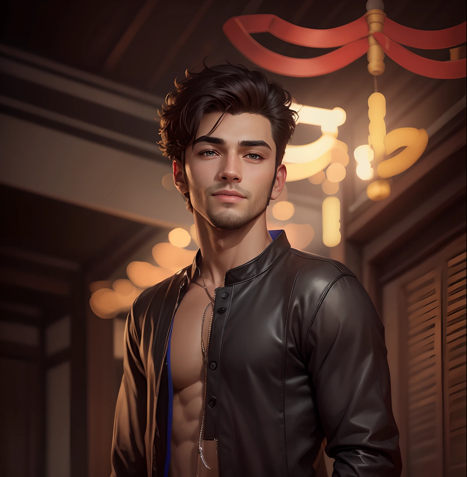 fking_scifi, fking_scifi_v2, portrait of a young, muscular extremely handsome and attractive Brazilian male model, in front of a waterfall, short windy hair, hairy tattooed body, colorful clothing and golden jewelry, close up, regal pose and attitude. fking_cinema_v2.