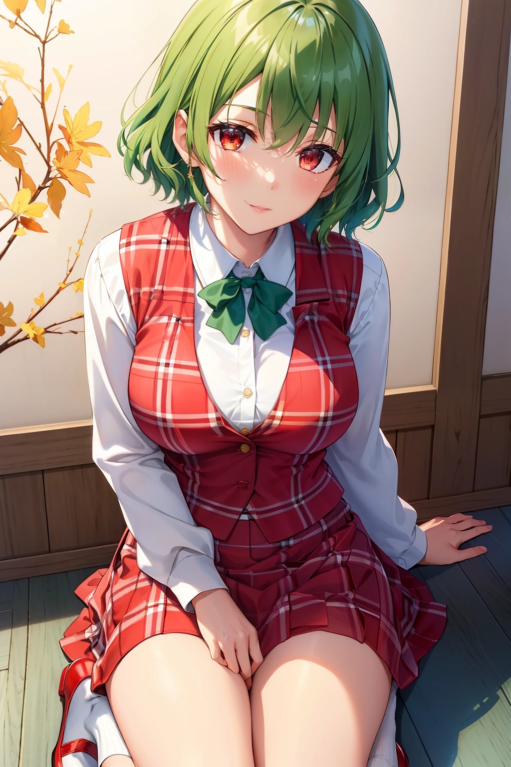 scan, (traditional media), (oil painting:0.9), (sketch:1.2), (extremely detailed CG unity 8k wallpaper:1.2), soft lighting, (best shadow), 1girl, looking at viewer, kazami yuuka, green hair, short hair, (medium breasts:1.2), red eyes, vest, red vest, plaid vest, white shirt, long skirt, red skirt, plaid skirt, long sleeves, white socks, red footwear