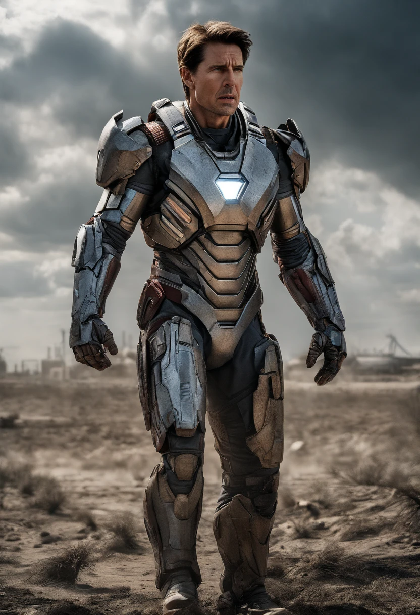 In this hyper-realistic 8K close-up portrait shot, Tom Cruise stands as a lone figure amidst a backdrop of desolation and destruction. His expression is somber and intense, capturing the profound sadness of the environment that surrounds him. Every fine line, wrinkle, and emotion etched on his face is meticulously detailed, emphasizing the depth of his character.
Tom Cruise, clad in a meticulously rendered Iron Man armor without the helmet, looks both powerful and vulnerable. The armor's intricate design, with its shining metallic surfaces and advanced technology, contrasts starkly with the bleakness of the world around him. The cold, blueish tones of the scene emphasize the isolation and desolation, while Tom Cruise's intense gaze adds a cinematic depth to the portrait, drawing viewers into the emotions of this powerful and poignant moment.