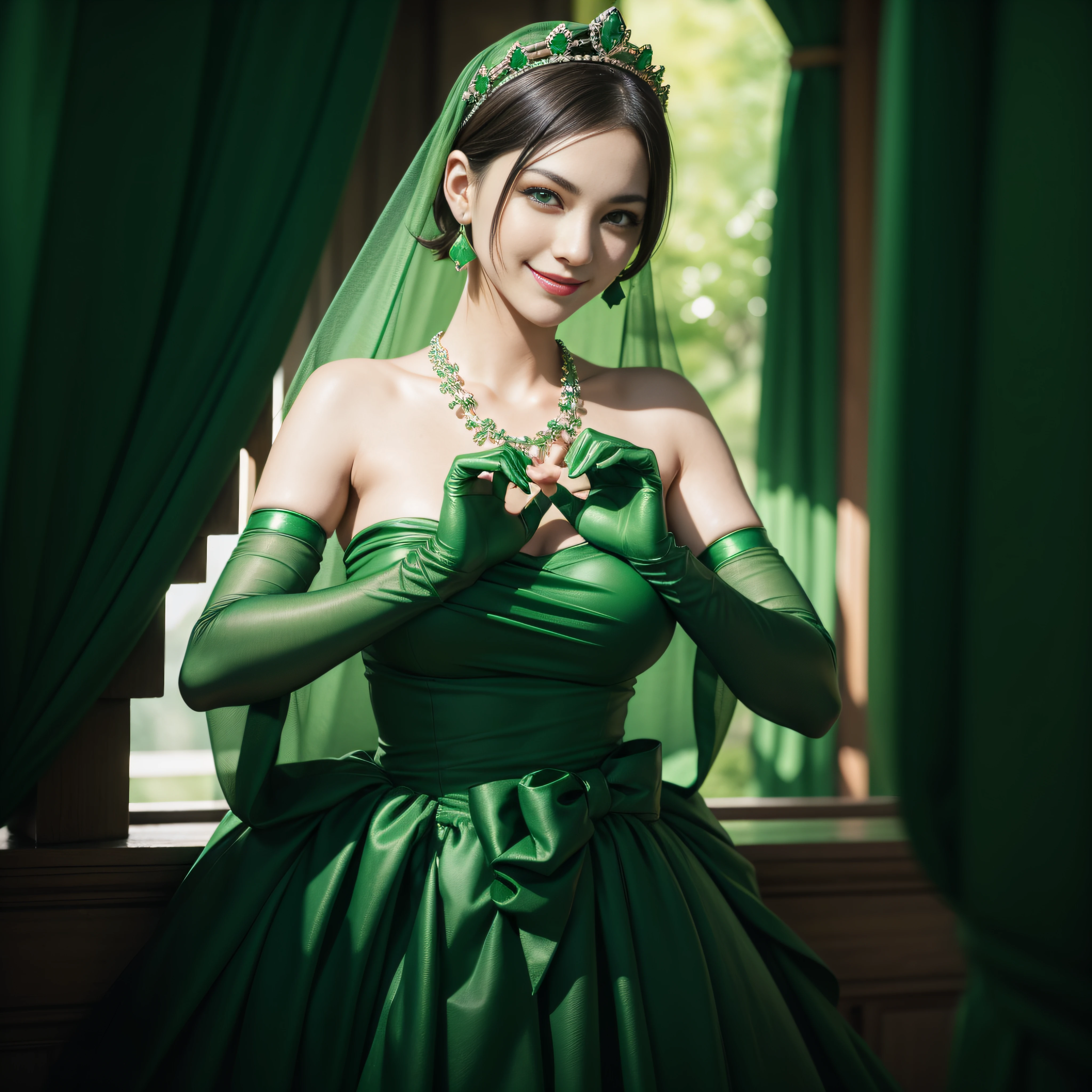 emerald tiara, Green Pearl Necklace, Boyish very short green hair, lipsticks, Japan woman smiling, very short short hair,  big breasts beautiful, Green eyes, Long green gloves made of satin material, Green eyes, Emerald Earrings, green vale, Heart with both hands