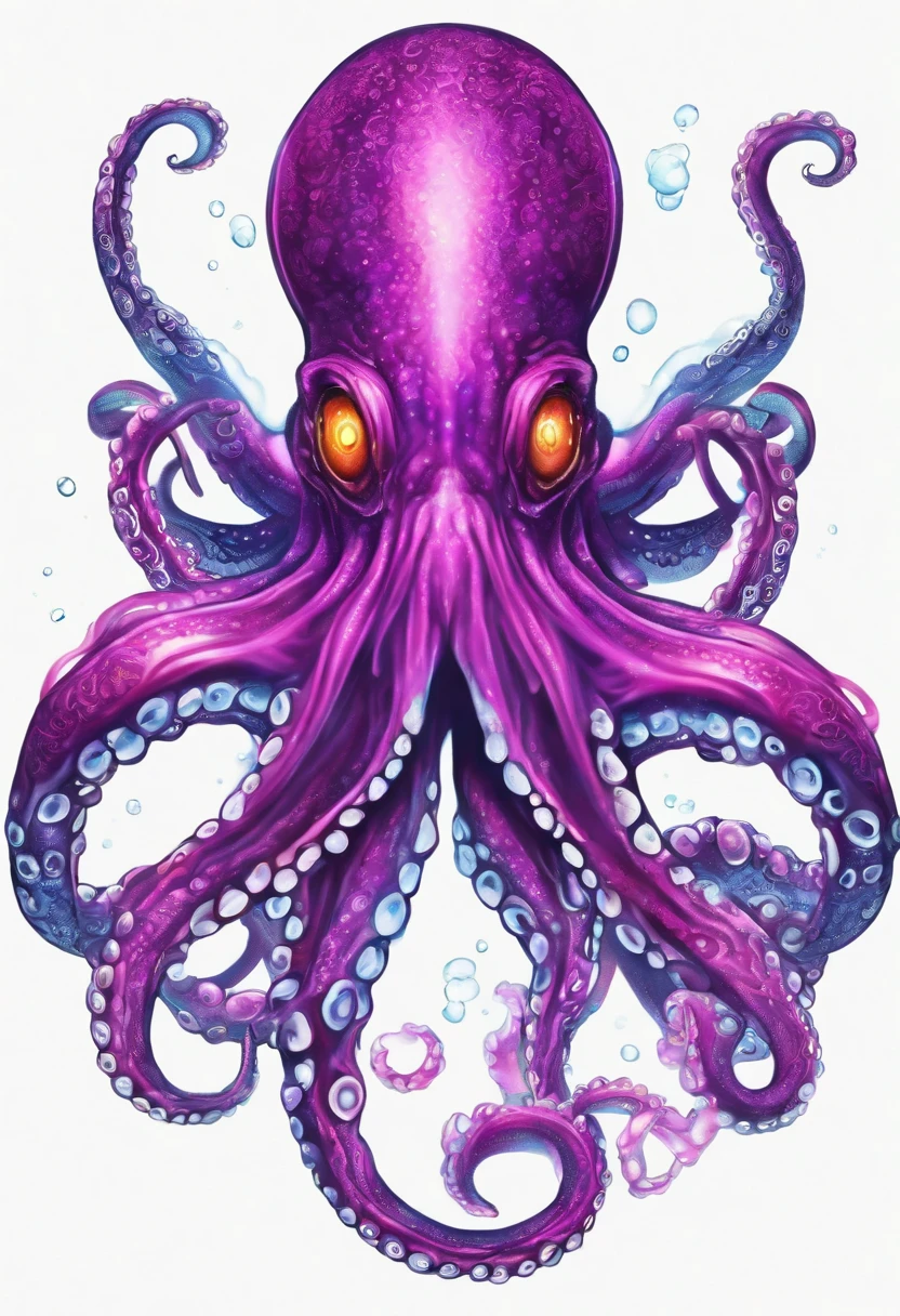 Mage Octopus, vivid fuchsia purple and black, gold tattoos, purple horns, purple red and blue ice tentacles glowing with inner fire, glowing blue eyes, masterpiece, best quality