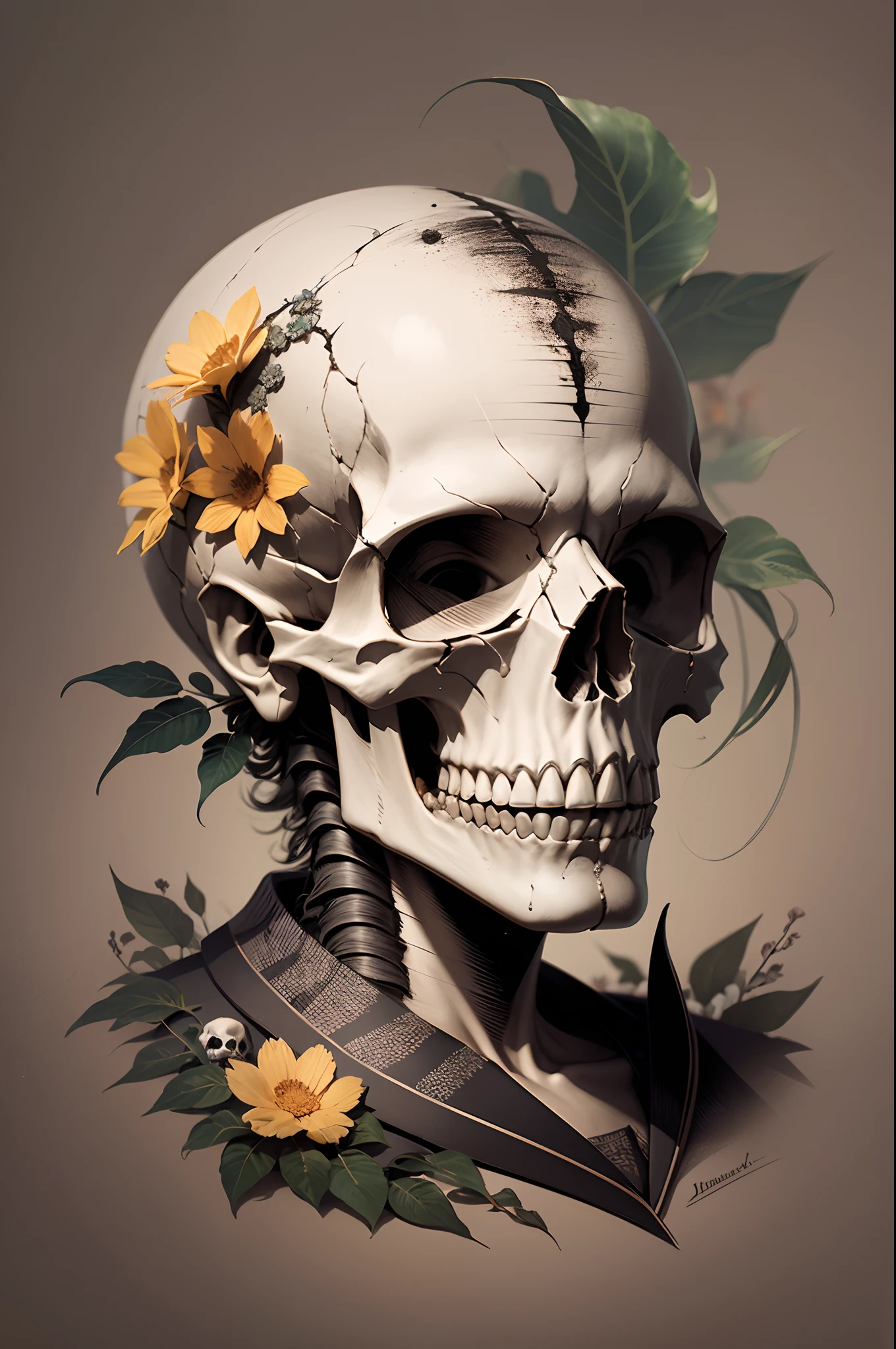 Skull facing upwards towards the stars in profile view in Art Nouveau style, Inspired by the fluid lines and organic shapes typical of Alphonse Mucha. Two lit candles emerge from the sockets of the skull , Intricate details of flowers and vines adorn the skull, integrating natural elements such as leaves and flowers into an elegant and detailed pattern. 