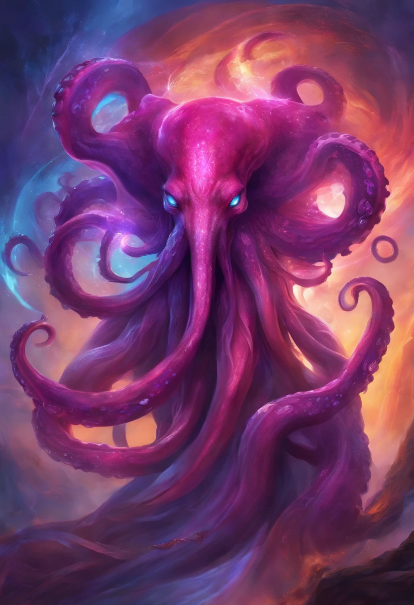 Mage Octopus, vivid fuchsia purple and black, gold tattoos, purple horns, purple red and blue ice tentacles glowing with inner fire, glowing blue eyes, masterpiece, best quality