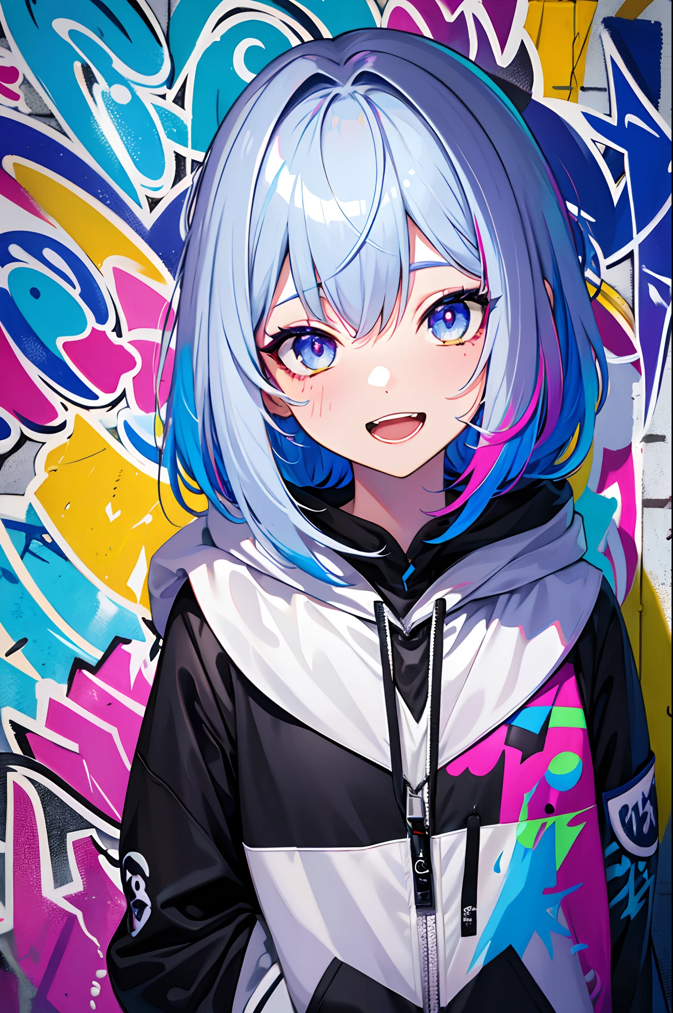 masterpiece, high quality, highres, absurdres, ultra-detailed, 8k, 1girl, platinum grey hair, blue hair, multicolored hair, gradient hair, looking at viewer, colorful eyes, colorful hoodie, (graffiti murals wall background:1.15), brilliant colorful paintings, bloom, portrait, open mouth, waist bag, against wall, bangs, shadow, reflection, Graffiti face, colourful eyes, open mouth, yandere expression, smile, look at viewer