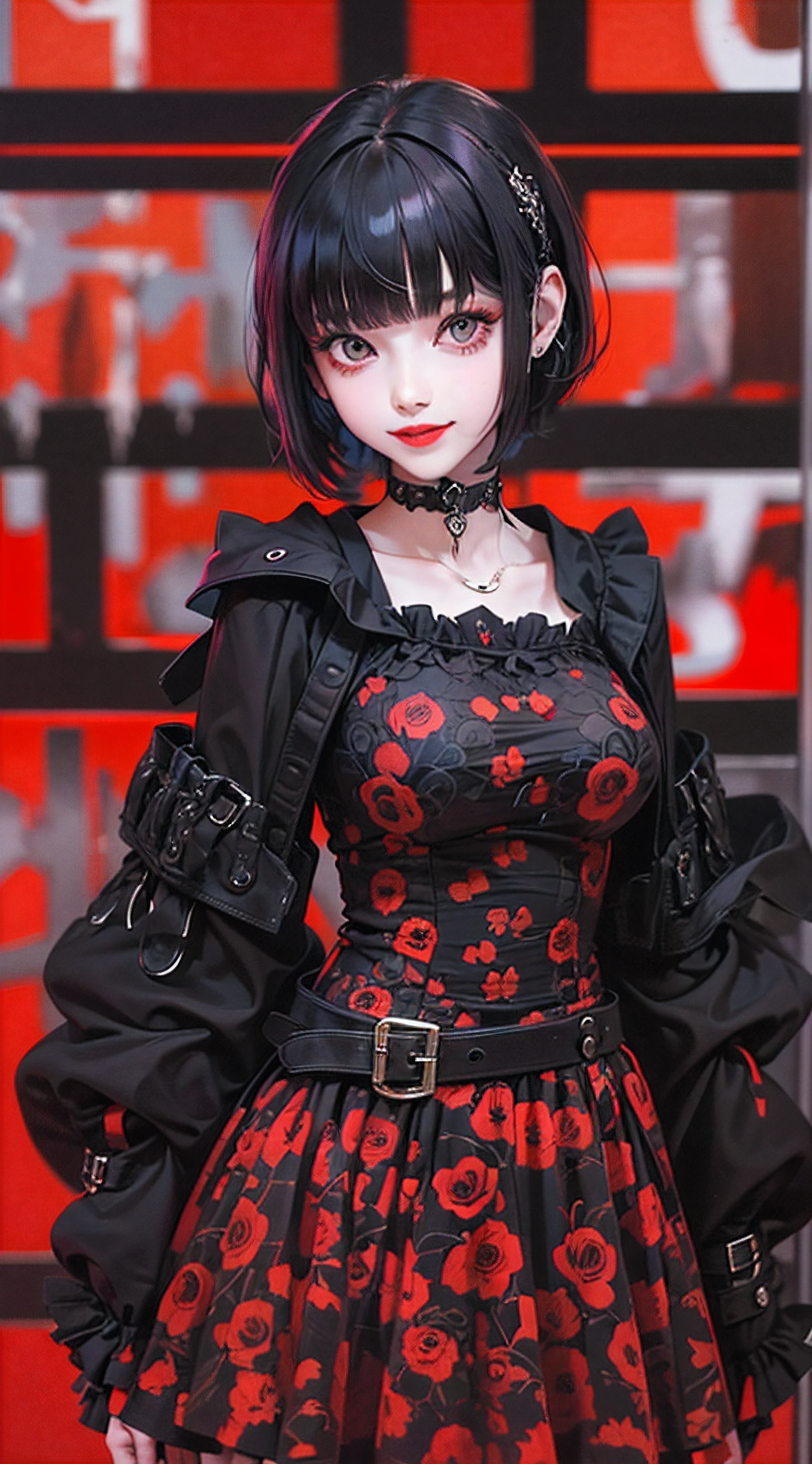 goth girl, gothic, black hair, upper body, looking to the side, split-color hair, red background, lipstick, blunt bangs, makeup, 1girl, solo, short hair, smile, red lips, simple background, white hair