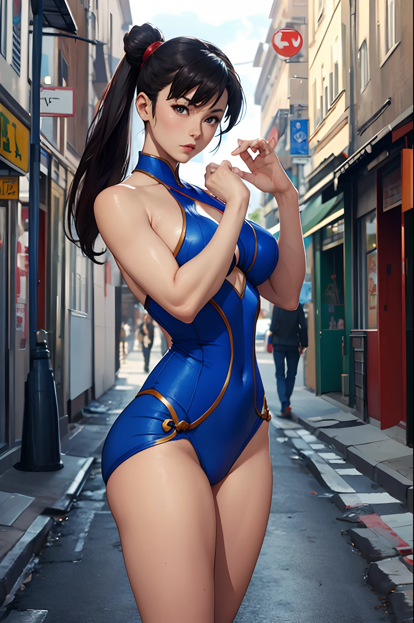 chun li, street fighter, on the city street, dynamic pose, highly detailed, deep focused image, realistic full-lenght photo