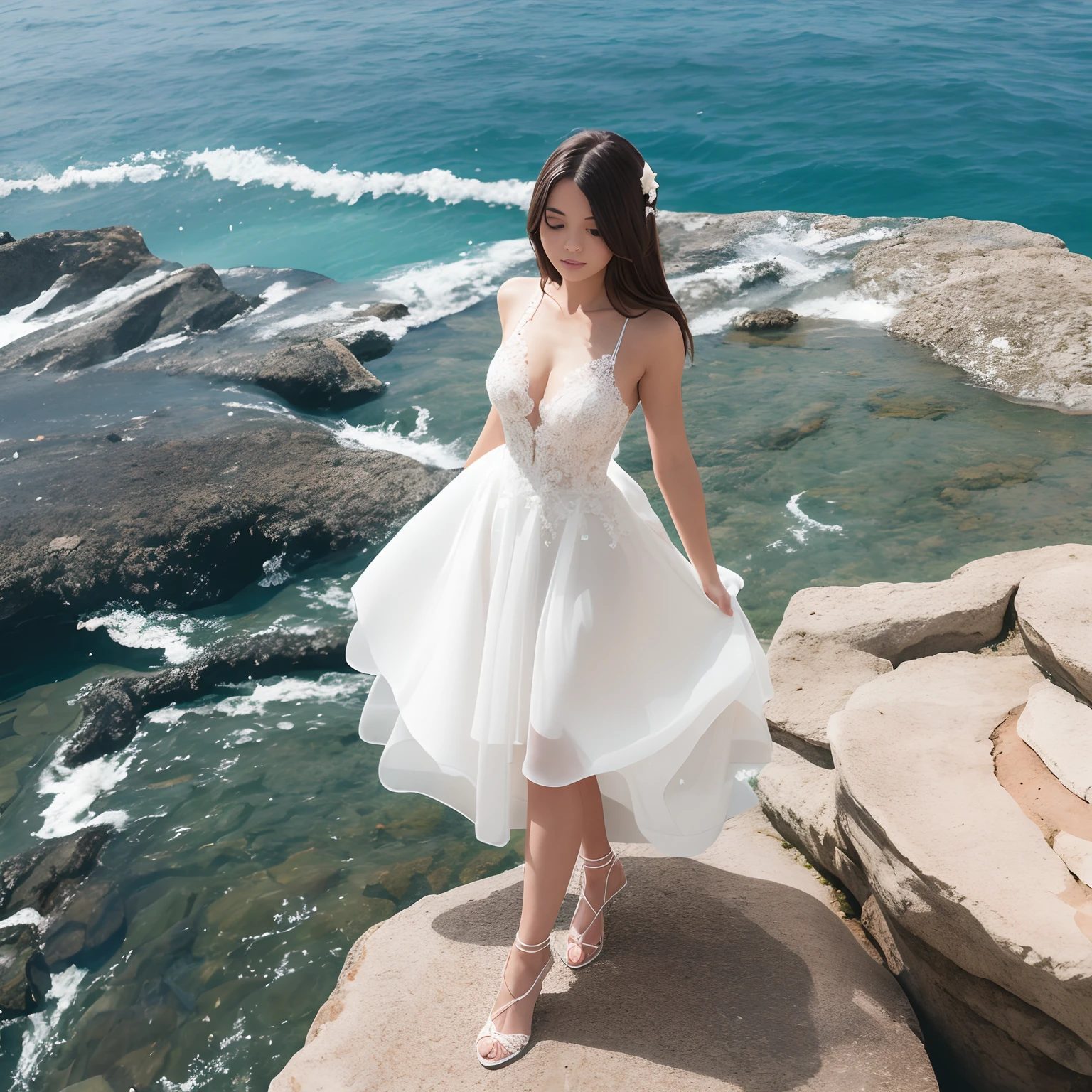 A girl standing on a planet wearing a wedding dress
